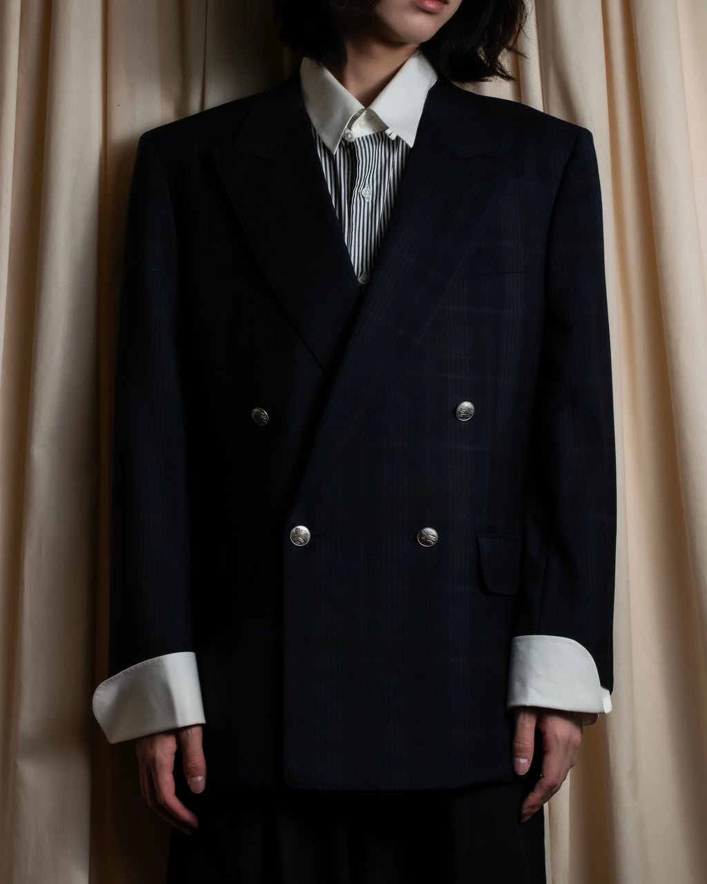 "BURBERRYS" Micro check pattern metal button blazer