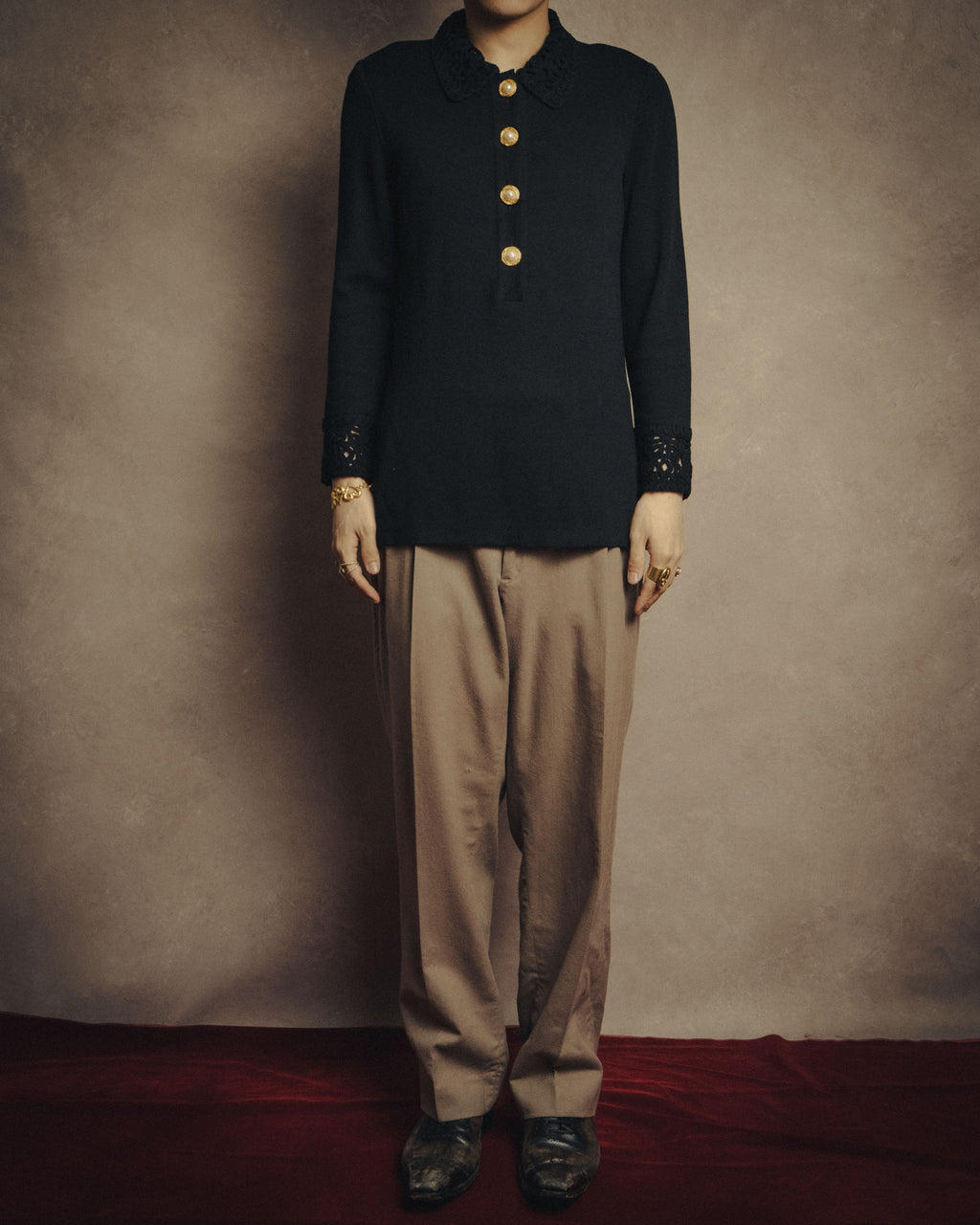 -SPECIAL- “Yves Saint Laurent” 90’s crochet collar pearl button knit pullover