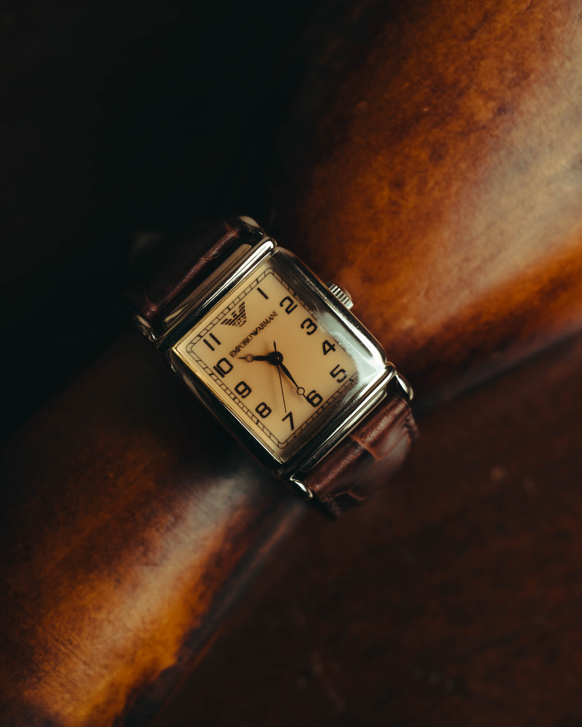 “EMPORIO ARMANI” Late 90’s-early 10’s Art deco rectangular leather strap watch
