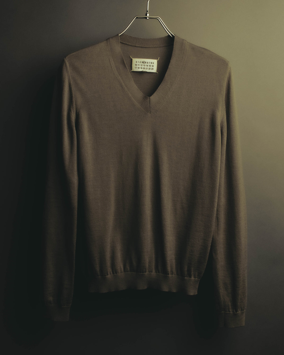 "Maison Martin Margiela" 10's Minimalist v-neck wool sweater with leather elbow patches