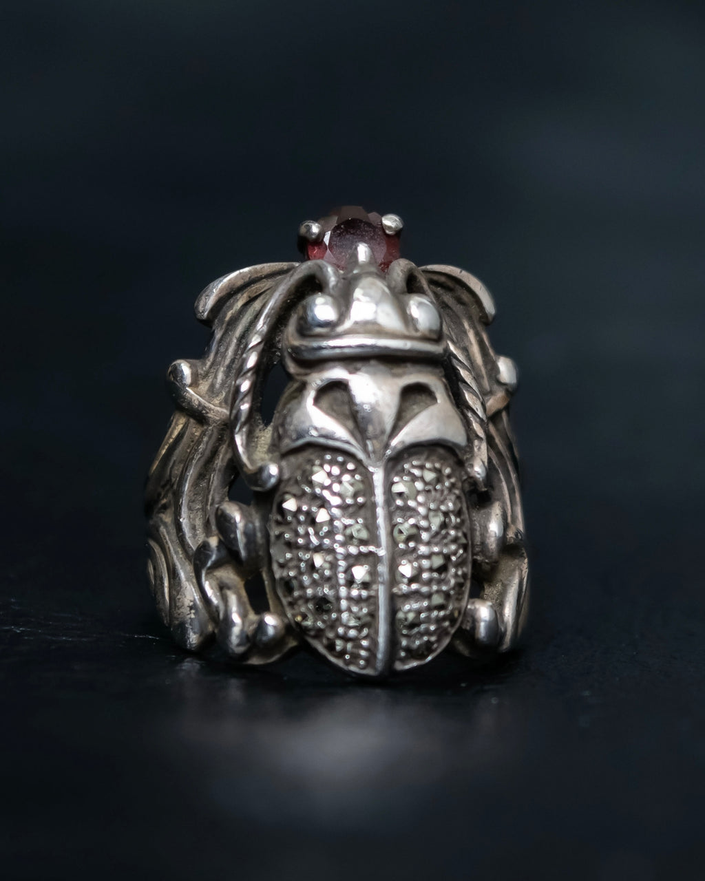“Vintage” Beetle motif stone decorated silver ring