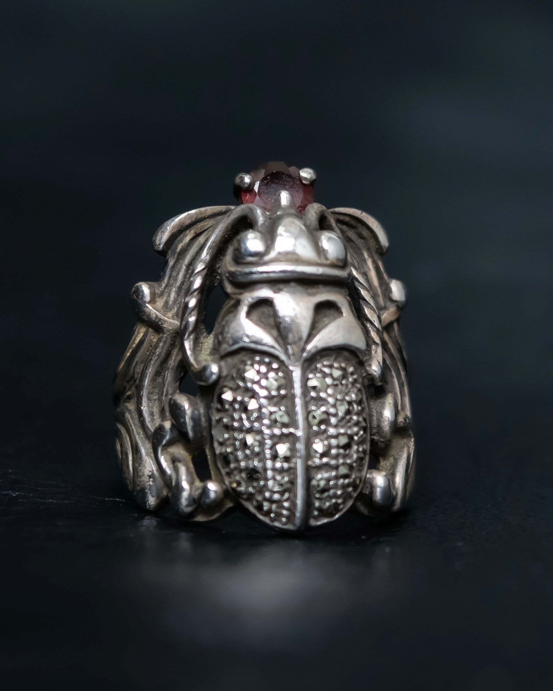 “Vintage” Beetle motif stone decorated silver ring