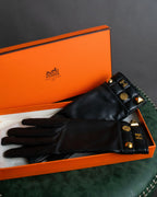 "HERMES" H logo＆gold stud design leather gloves