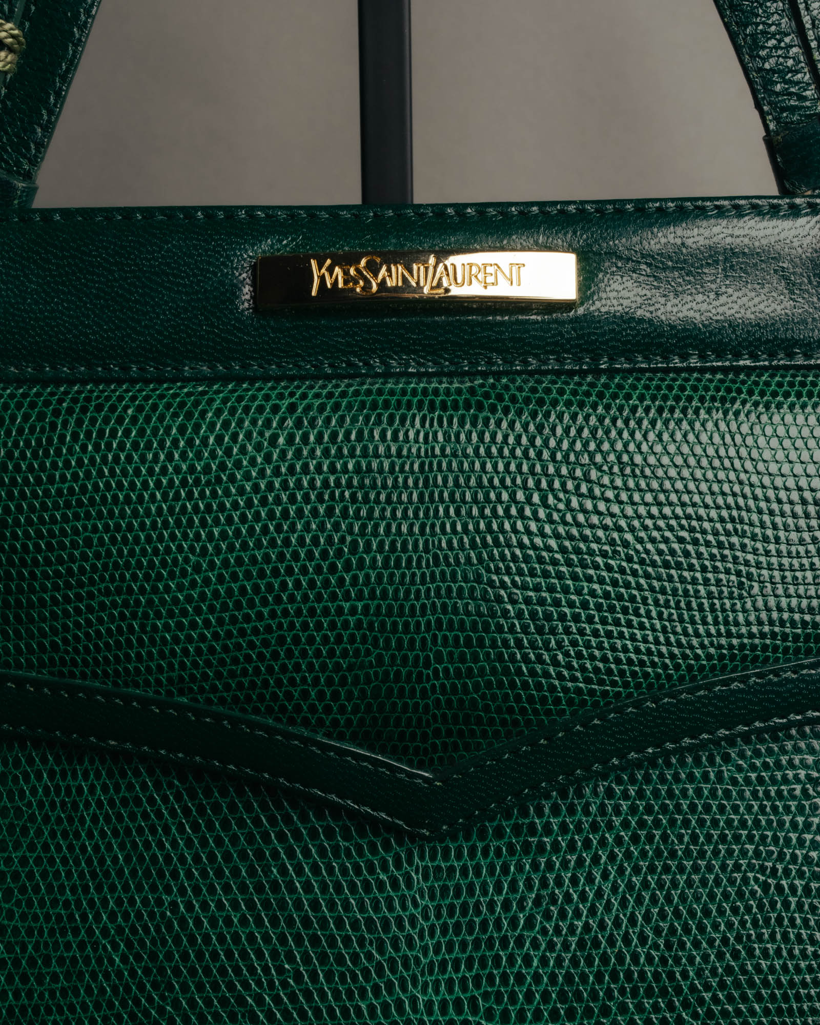 -SPECIAL- "Yves Saint Laurent" 80's-90's Glossy green exotic leather shoulder handbag