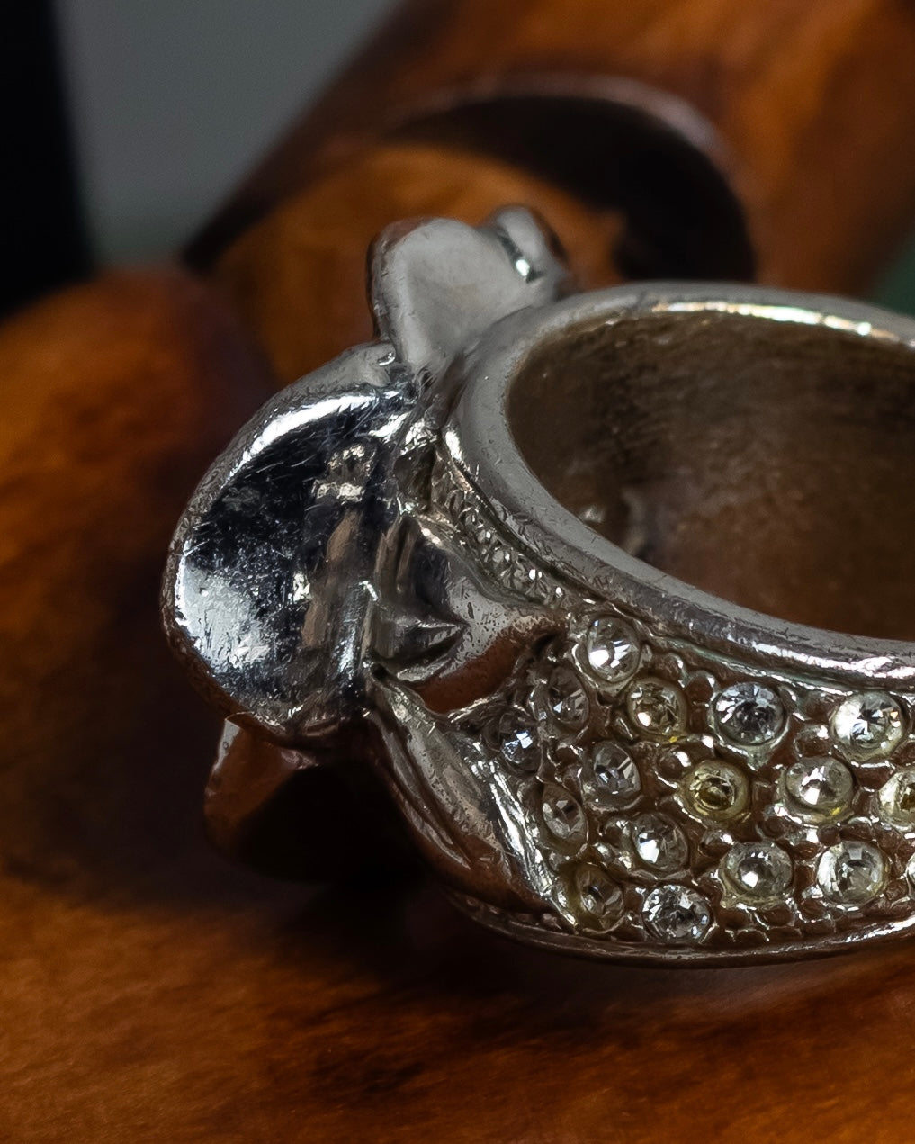 "CHANEL" Camellia motif rhinestone logo design ring