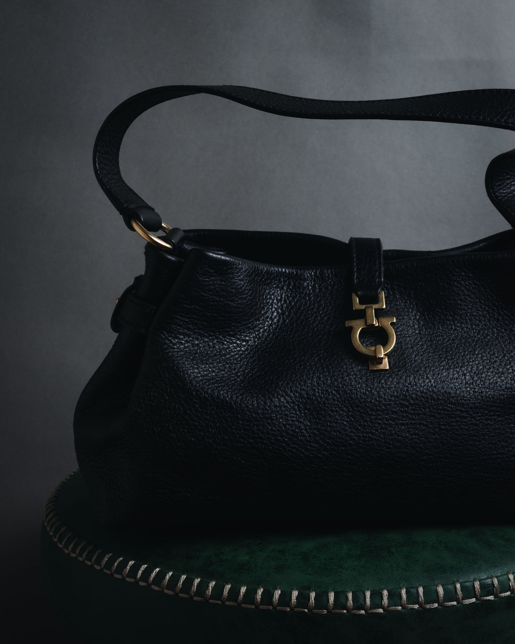 “Salvatore Ferragamo” Pebbled leather gancini hobo shoulder bag