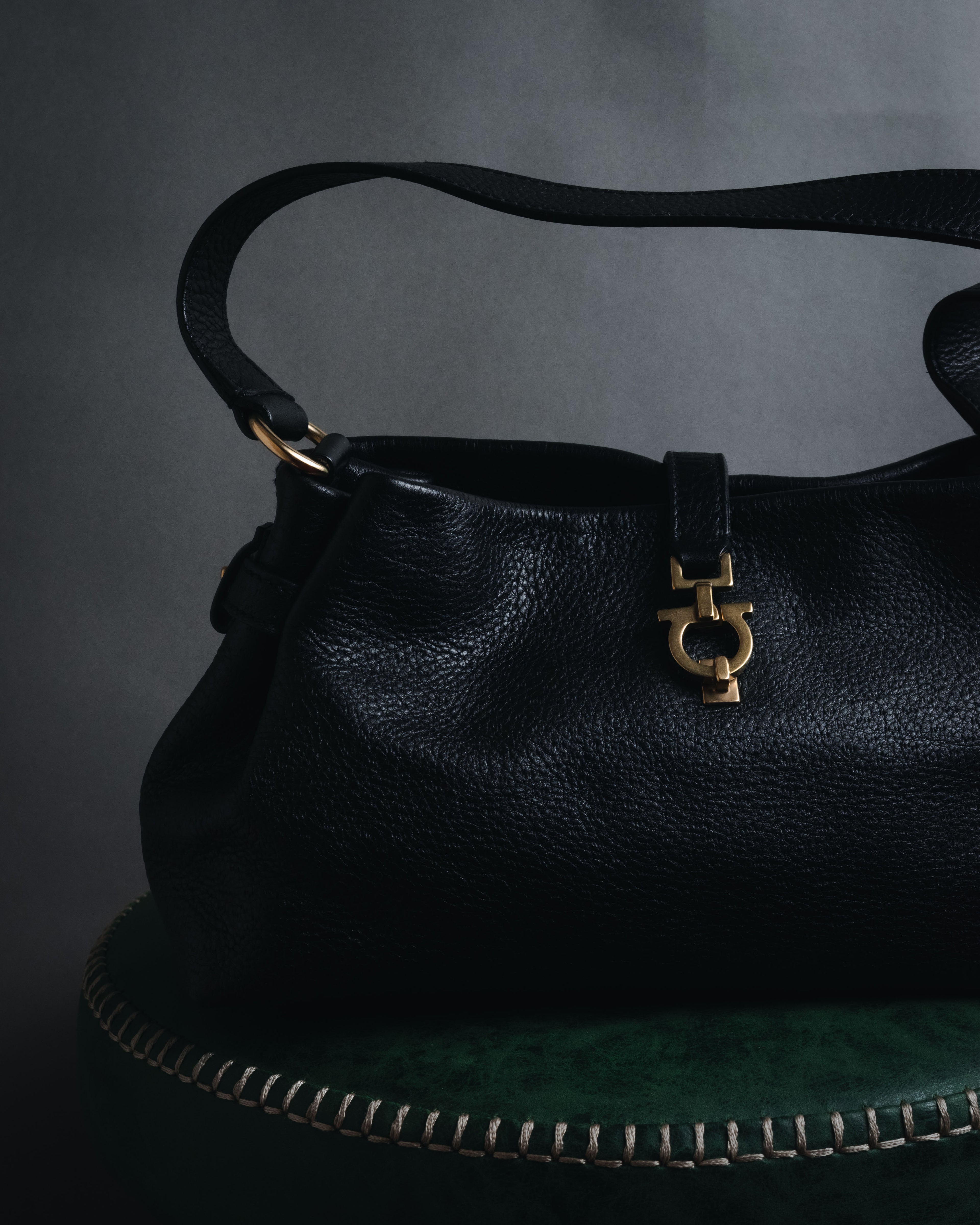 “Salvatore Ferragamo” Pebbled leather gancini hobo shoulder bag
