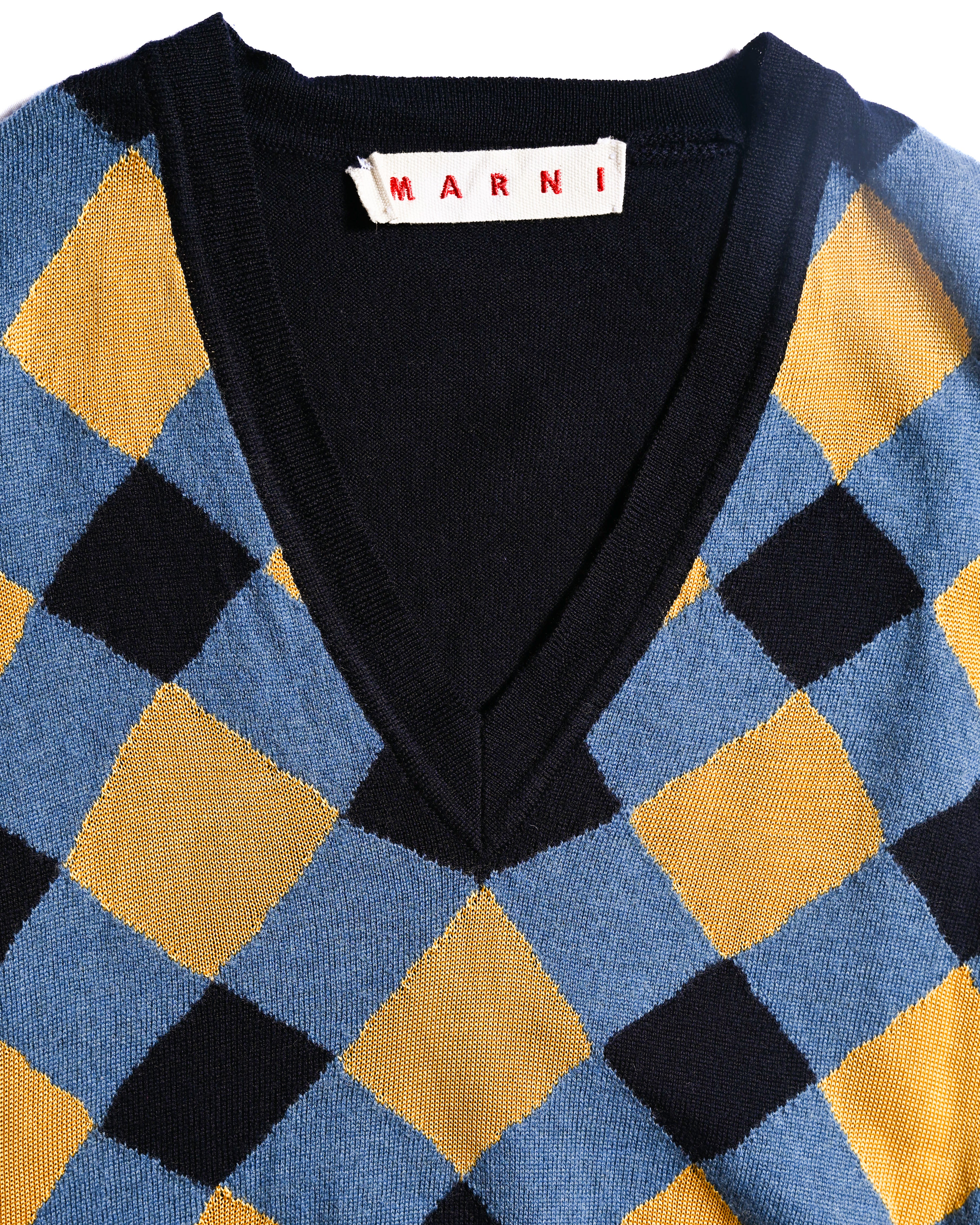 MARNI/ Argyle Pattern Knit Vest Blue×Yellow