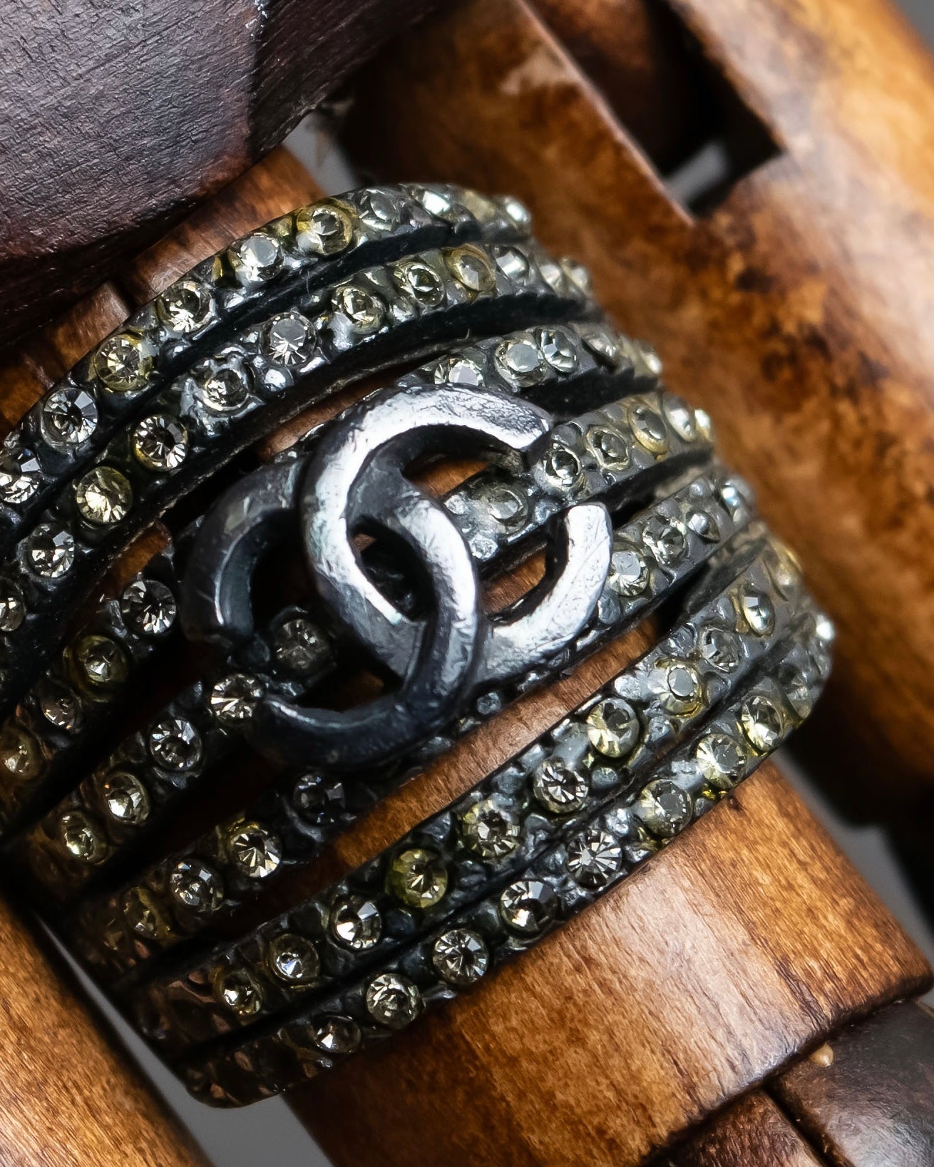 "CHANEL" 97AW Karl Lagerfeld double C logo rhinestone design ring