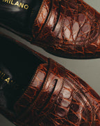 "PRADA" 90's-00's Croc embossed leather penny loafers