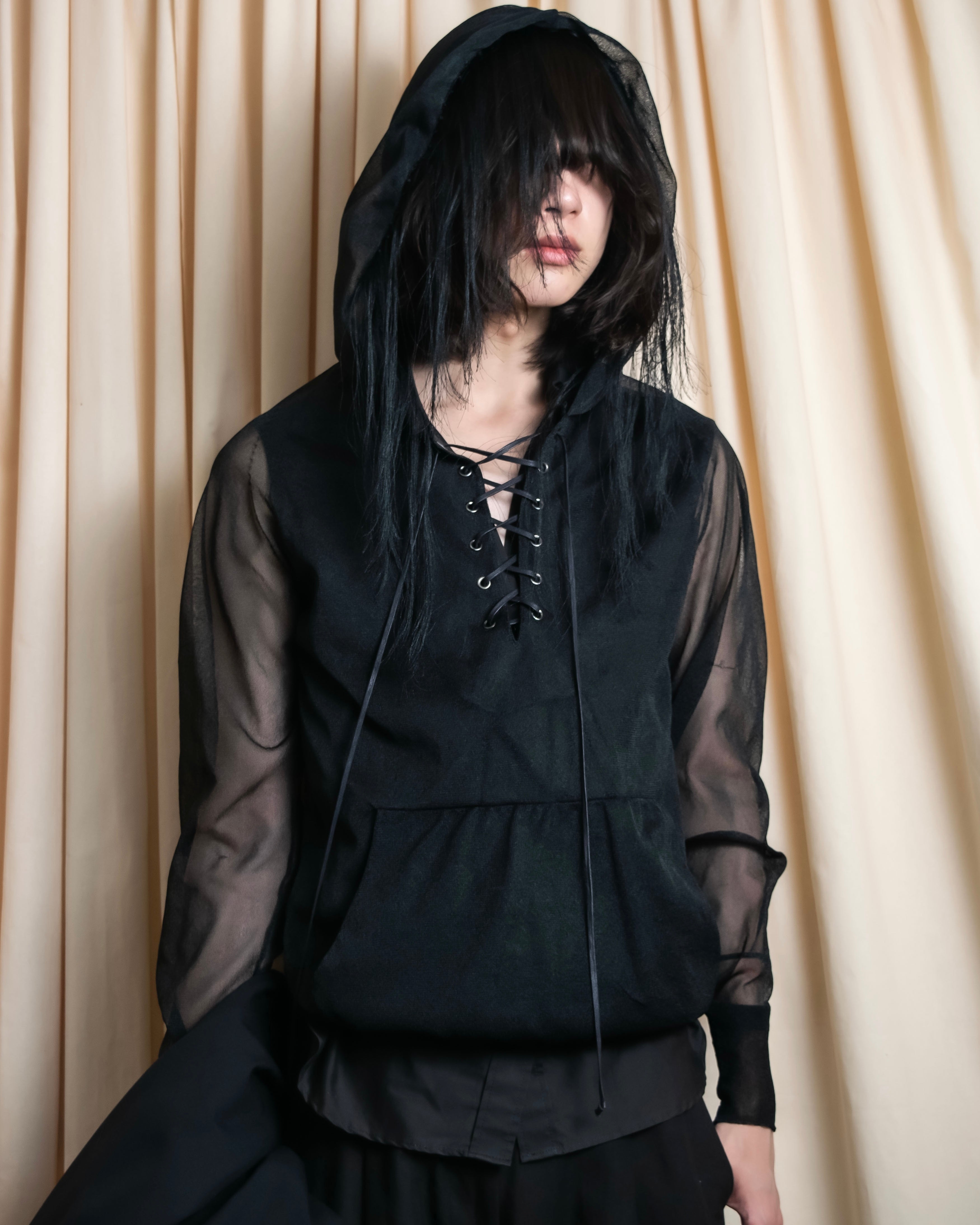 "sacai" Wig design sheer hooded pullover