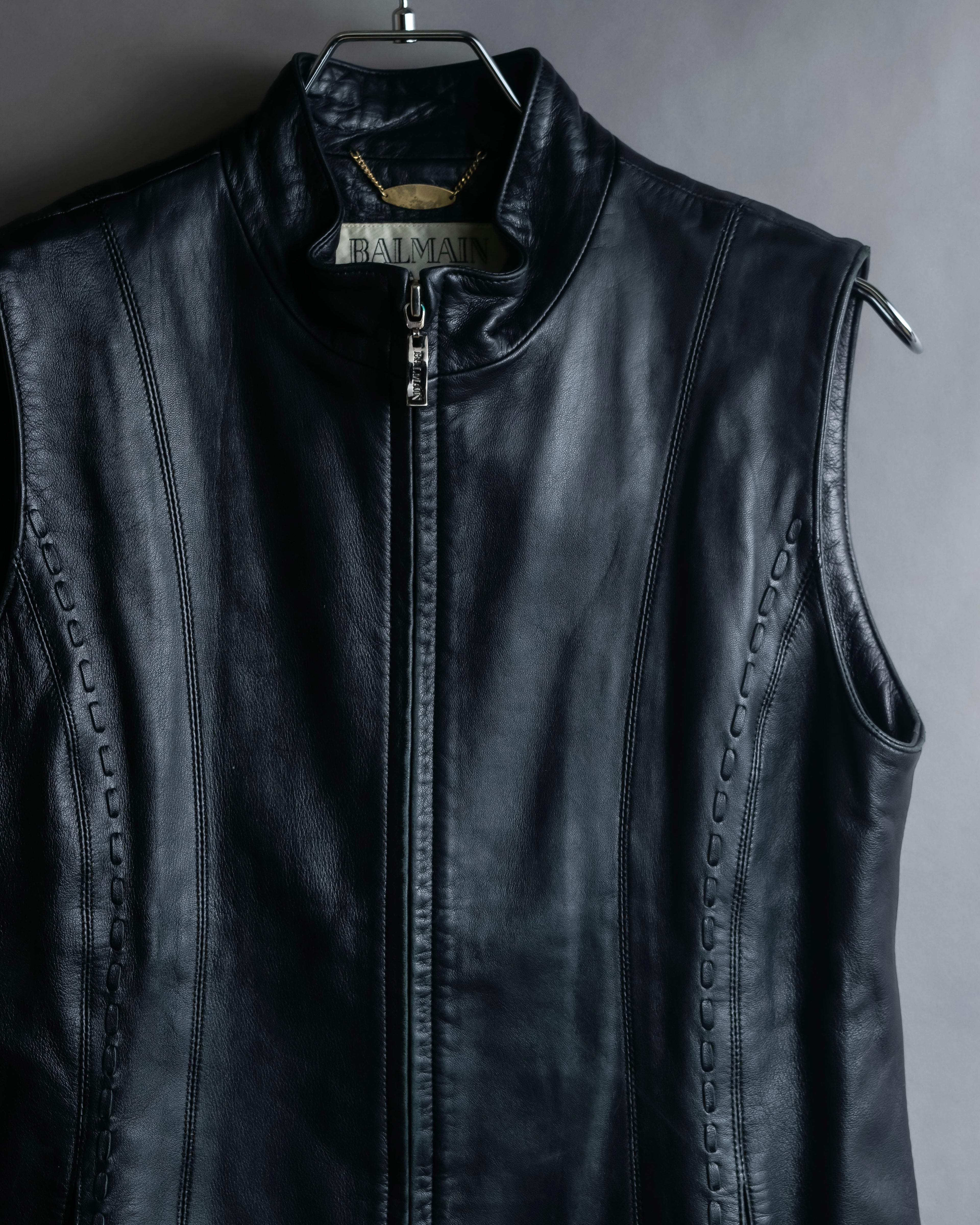 "BALMAIN" Braided detail lamb leather zip-up vest