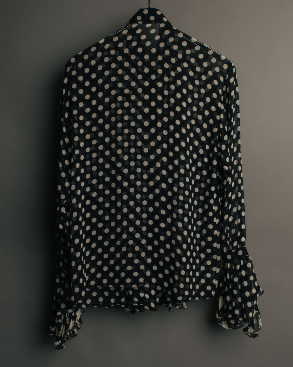 “GIANNI VERSACE COUTURE” 90’s Sheer mixed pattern ruffle blouse