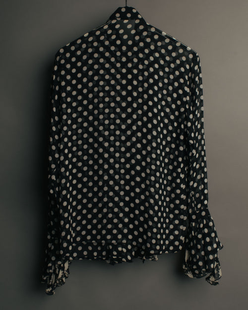 “GIANNI VERSACE COUTURE” 90’s Sheer mixed pattern ruffle blouse