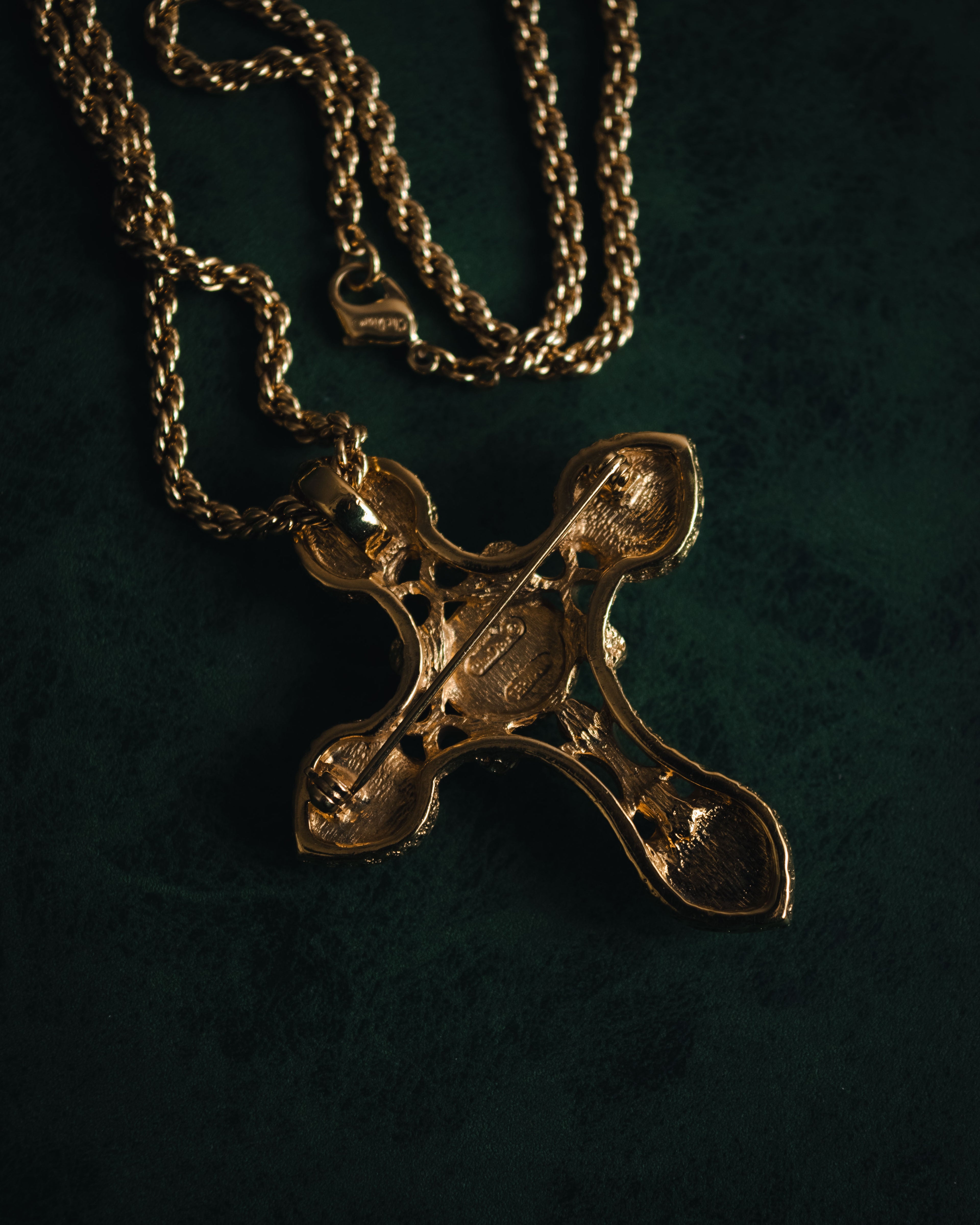 –SPECIAL– "Christian Dior" 80’s cross motif rope chain necklace with 2way brooch pendant
