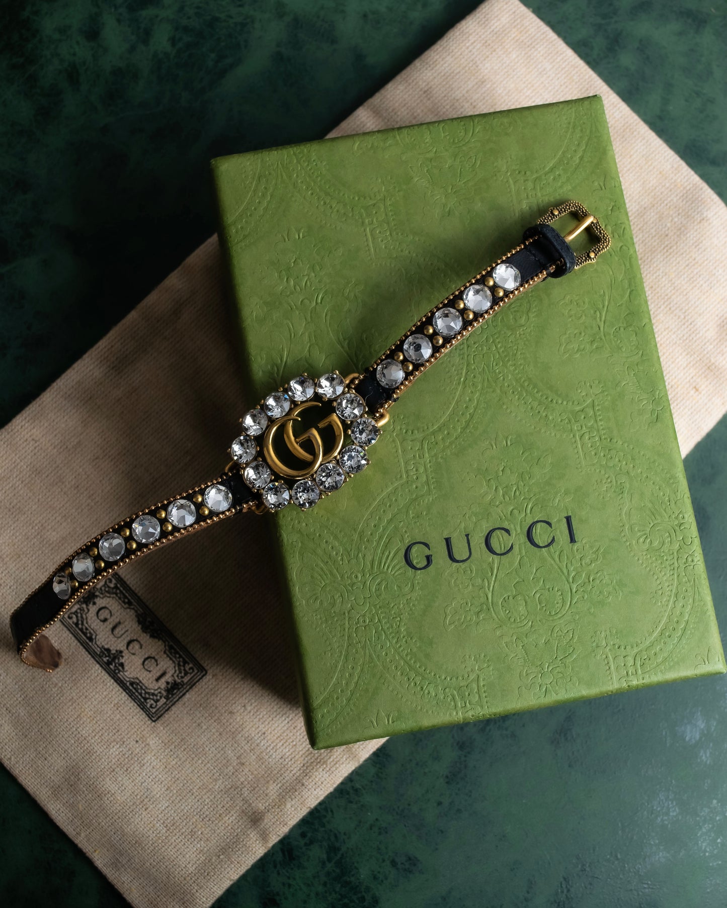 "GUCCI" Double G motif rhinestone leather bracelet