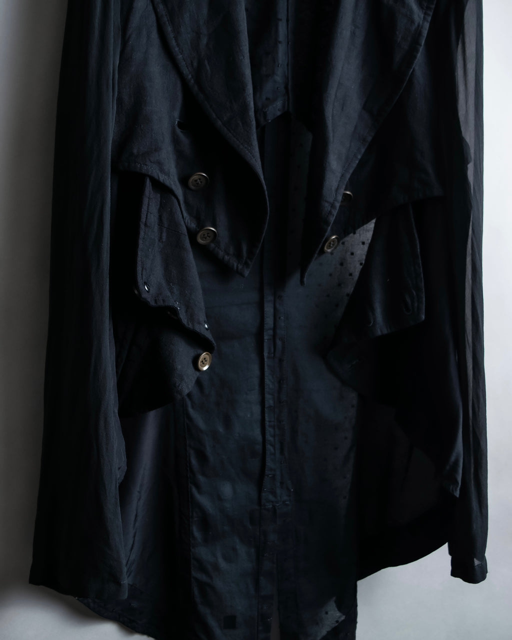 “Y’s COMPOSITION: SEE ATTACHED LABEL” Layered design multi buttons tail coat