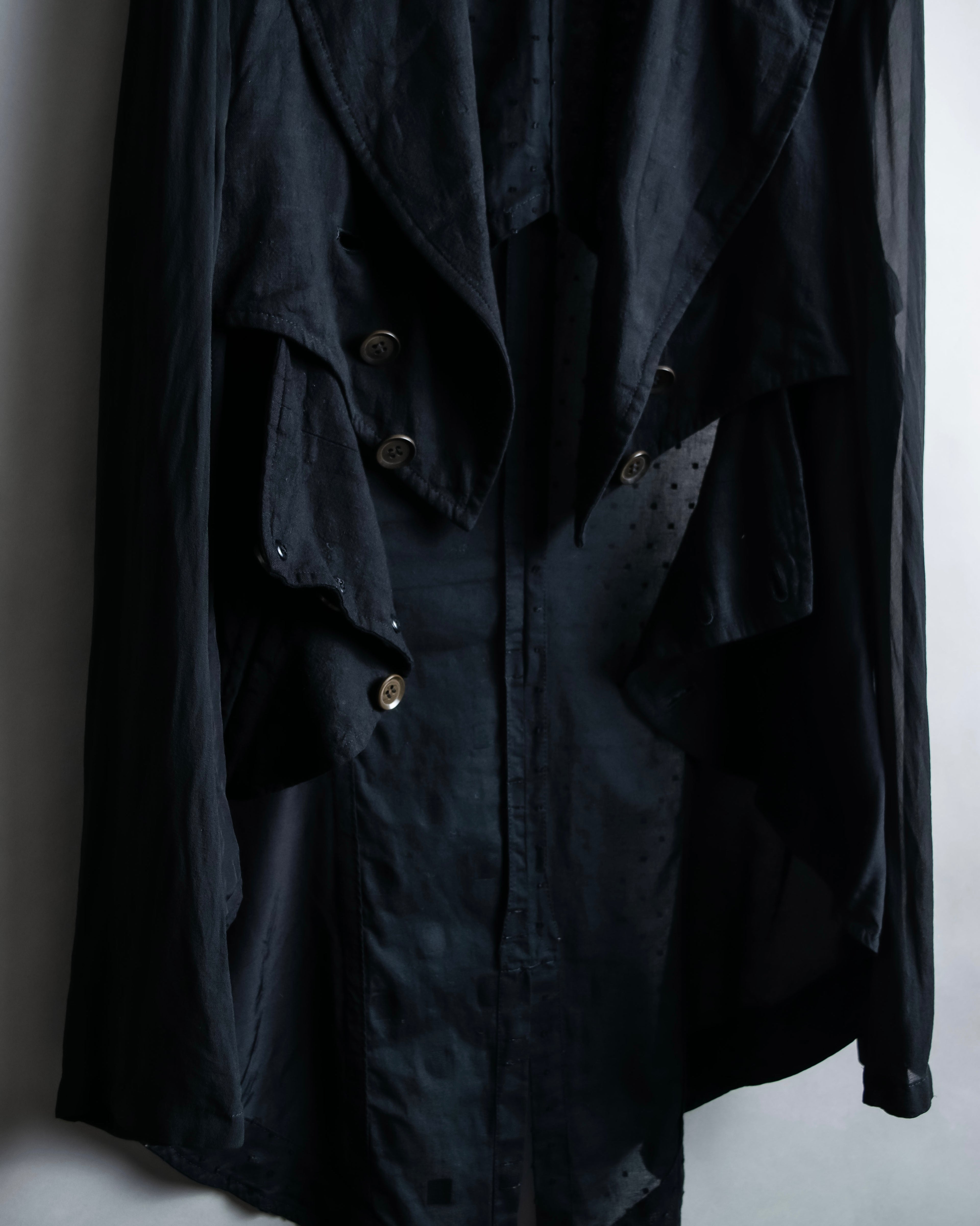 “Y’s COMPOSITION: SEE ATTACHED LABEL” Layered design multi buttons tail coat