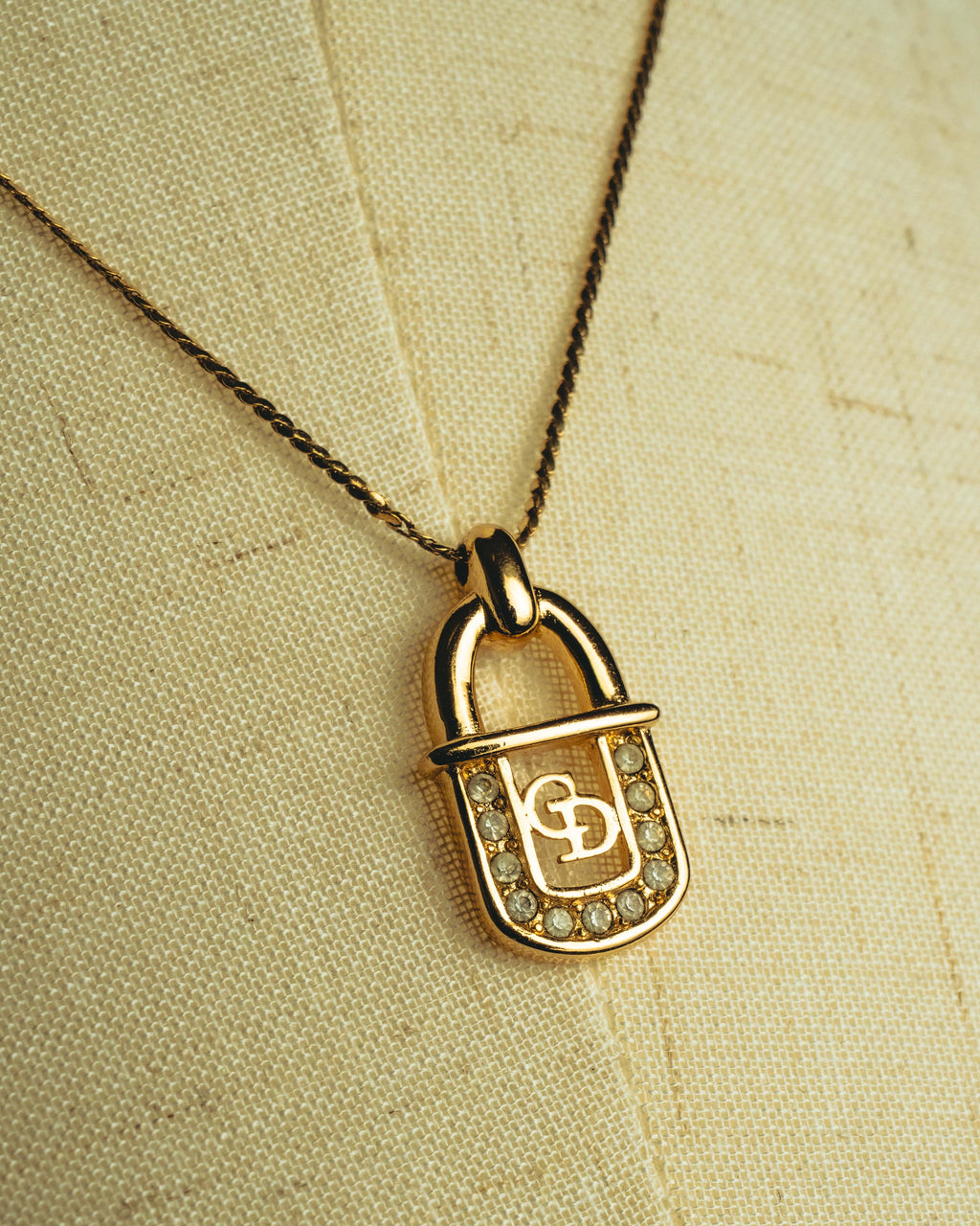 "Christian Dior" 90's Rhinestone padlock pendant necklace