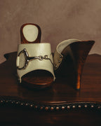 "GUCCI" 90's-00's Horsebit studded wood wedge mule sandals