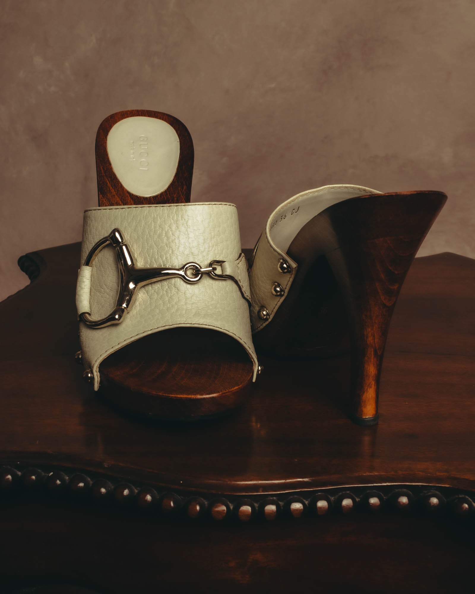 "GUCCI" 90's-00's Horsebit studded wood wedge mule sandals