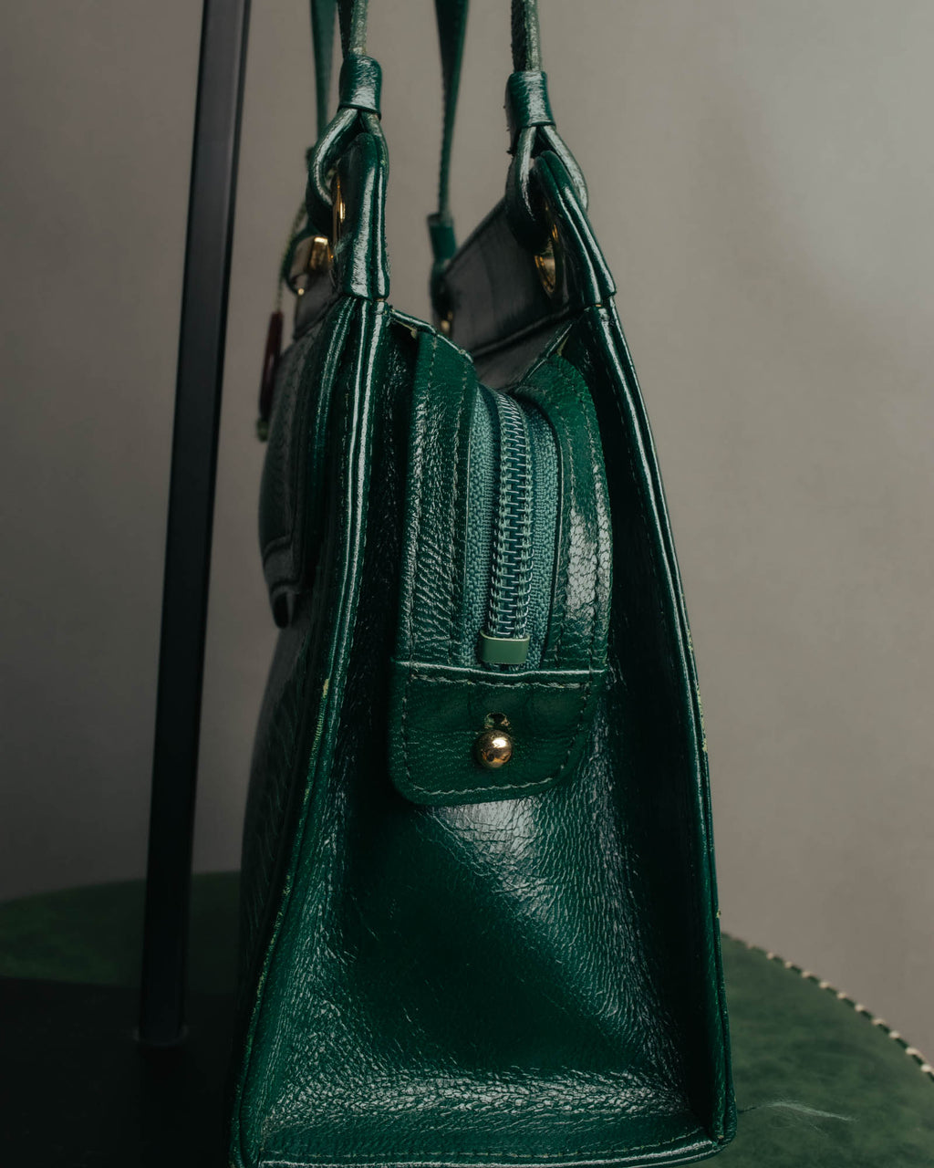 -SPECIAL- "Yves Saint Laurent" 80's-90's Glossy green exotic leather shoulder handbag