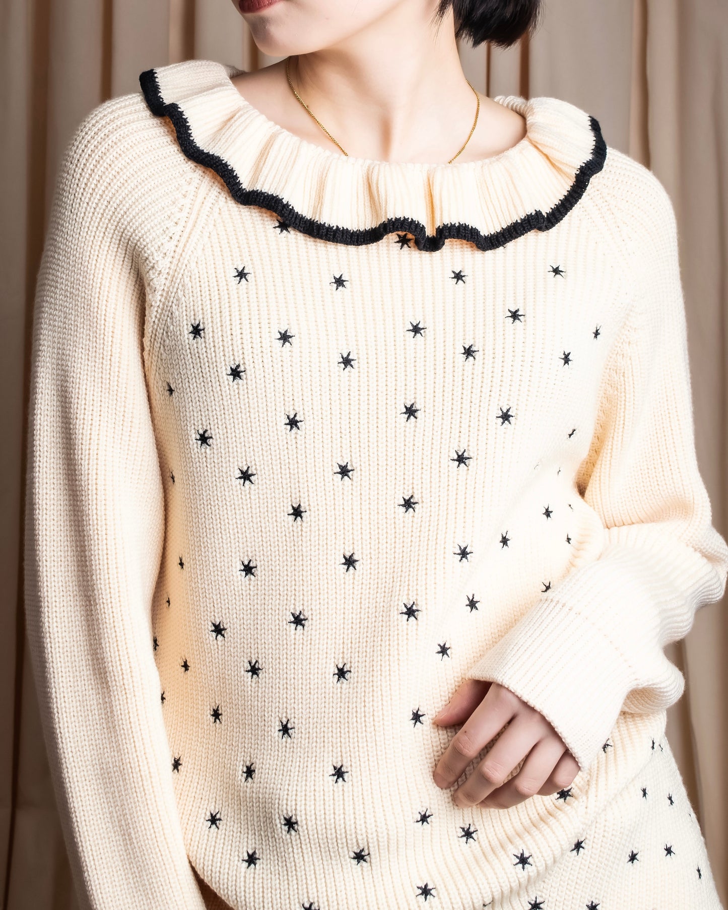 "Christian Dior" Star print frill detail cable knit tunic pullover