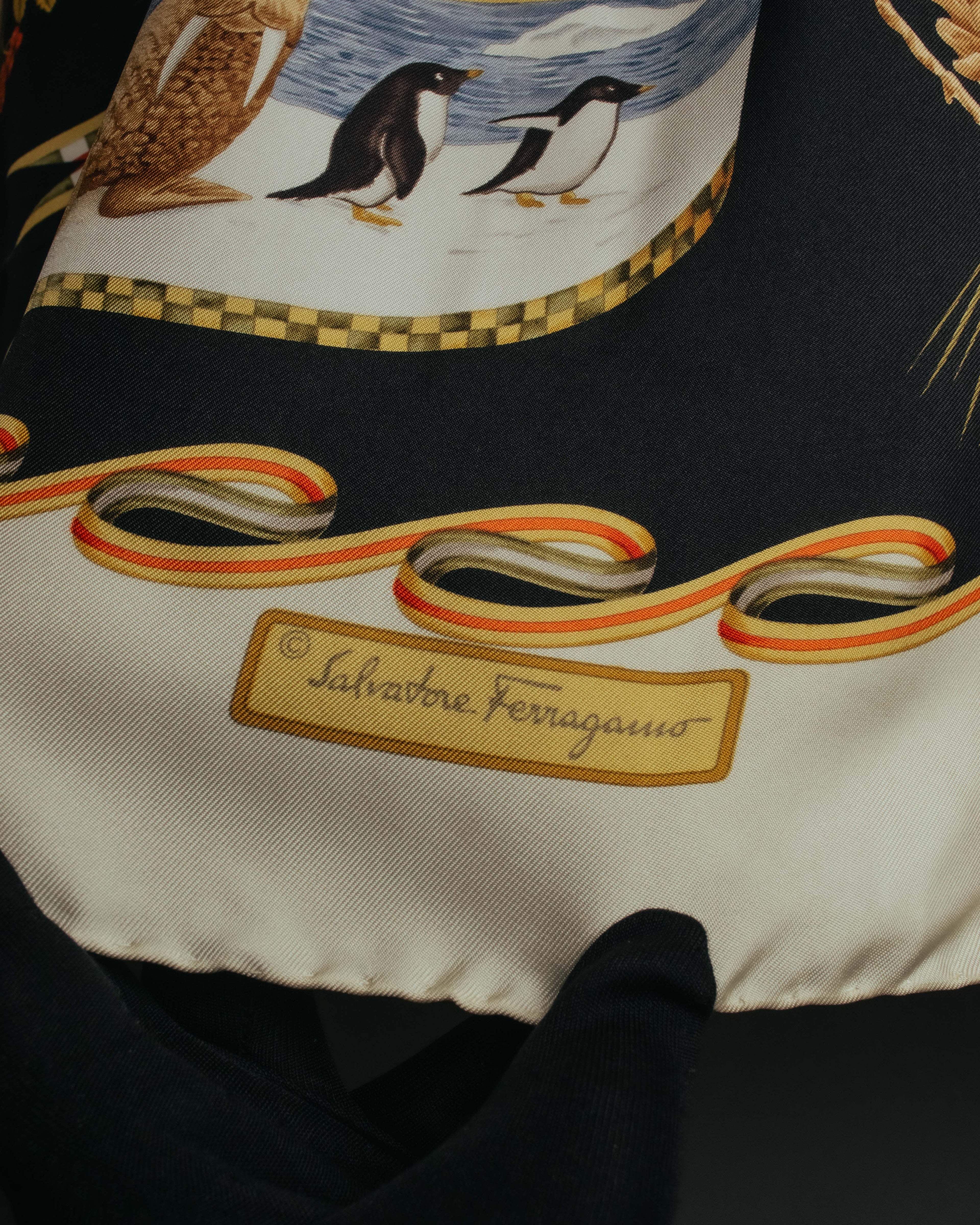 "Salvatore Ferragamo" 90's-00's Vintage arctic fauna and scrolling ribbon silk scarf