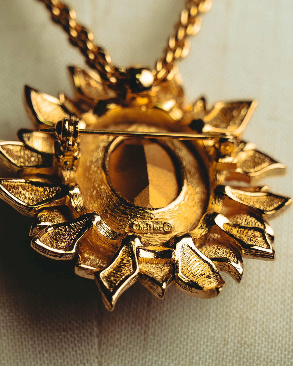 -SPECIAL- “Christian Dior” 80’s-90’s Sunburst amber glass pendant brooch