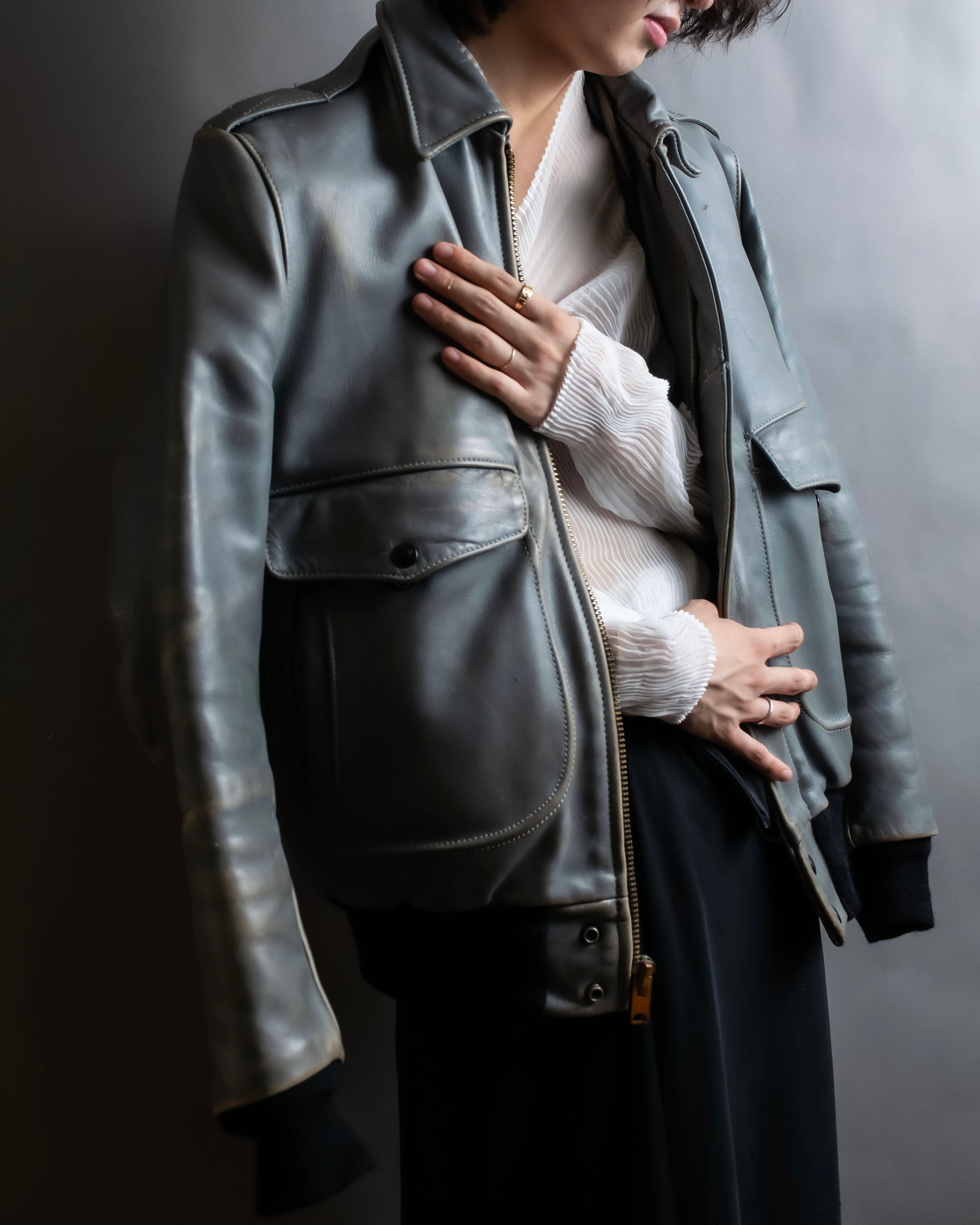 "VANSON" Out pocket design ribbed leather jacket