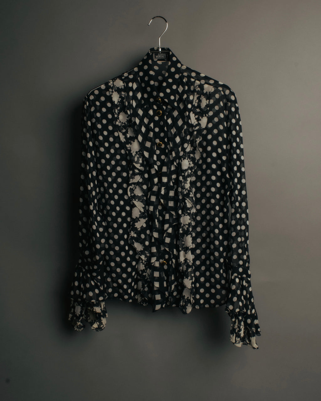 “GIANNI VERSACE COUTURE” 90’s Sheer mixed pattern ruffle blouse