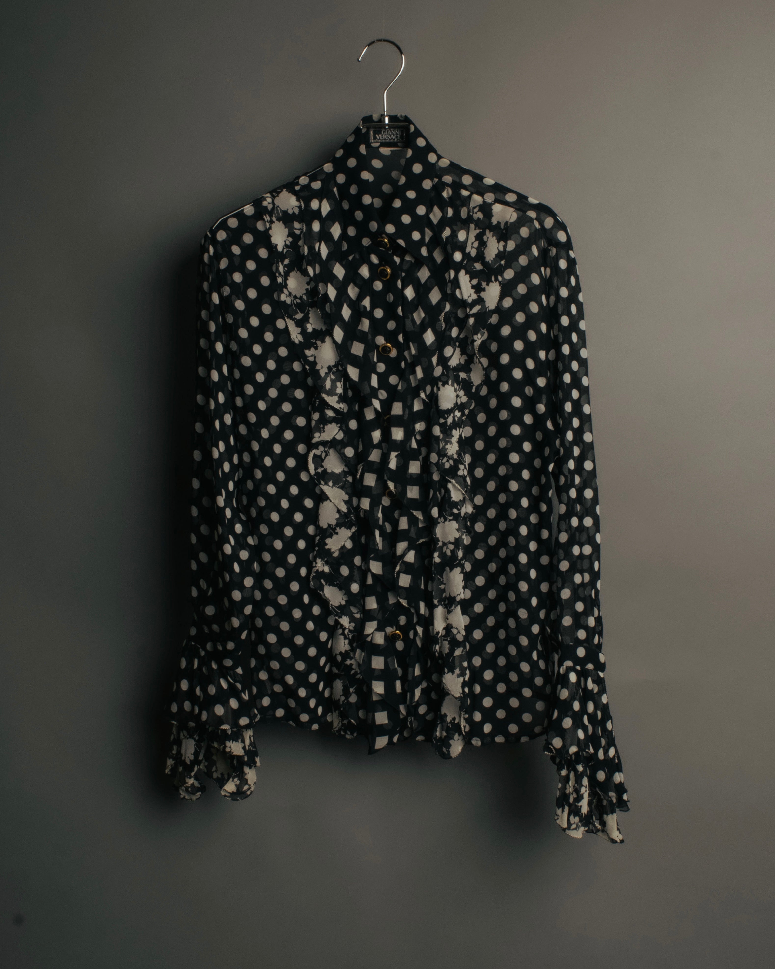 “GIANNI VERSACE COUTURE” 90’s Sheer mixed pattern ruffle blouse