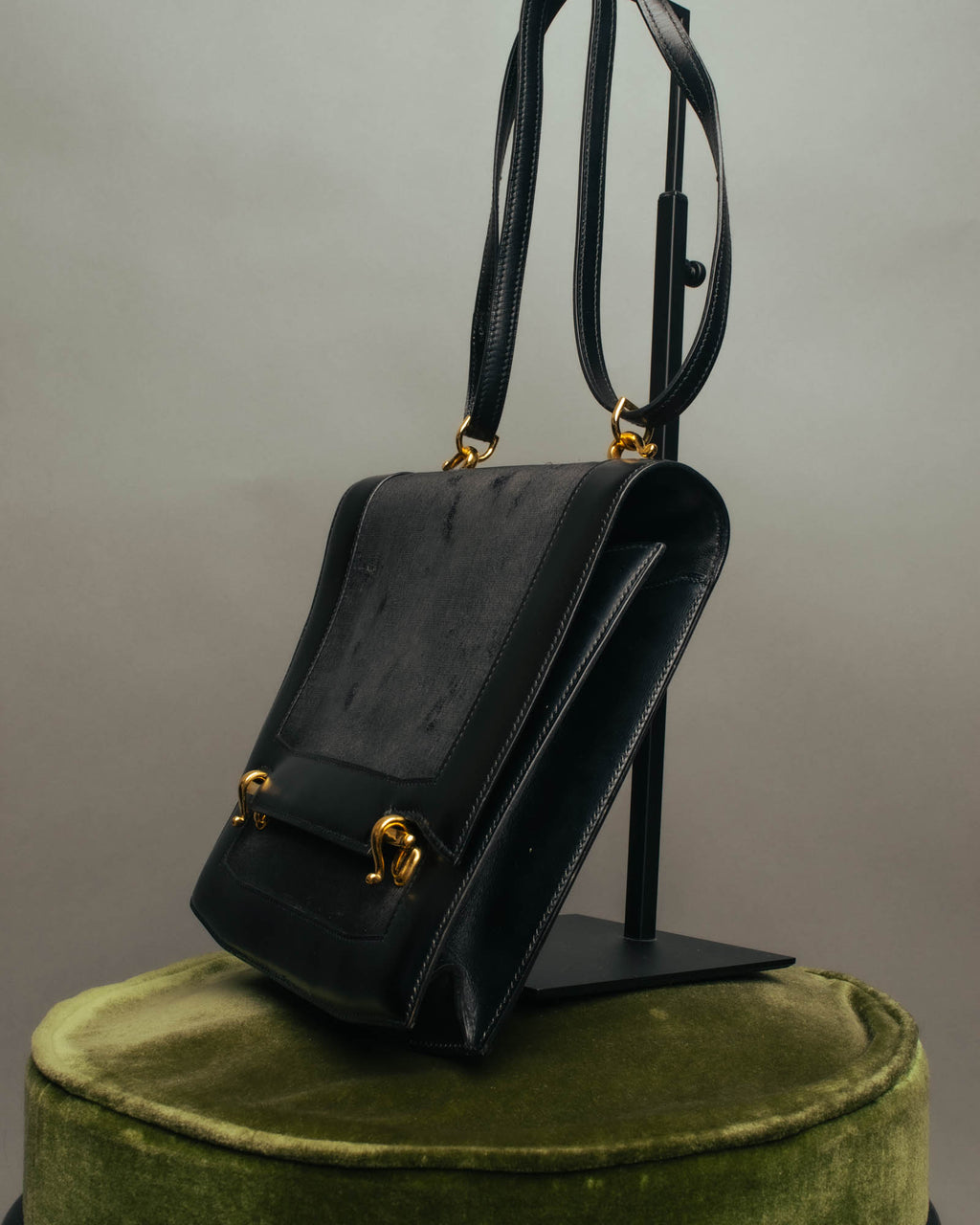 -SPECIAL- “HERMÈS” 80’s-90’s Camargue black leather and canvas shoulder bag