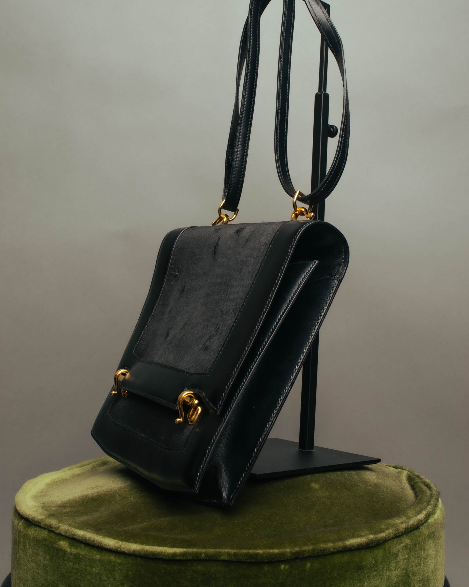 -SPECIAL- “HERMÈS” 80’s-90’s Camargue black leather and canvas shoulder bag