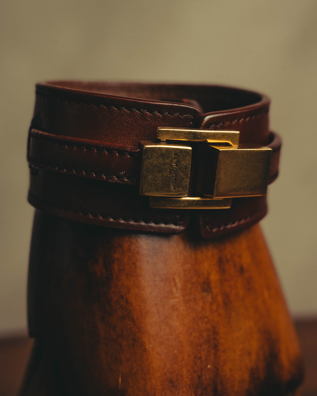 –SPECIAL– "Saint Laurent" 10's Burgundy leather wide cuff bracelet with antique gold buckle