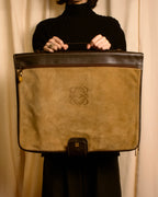 "LOEWE" 80's-90's Logo engraved suede leather combination business bag