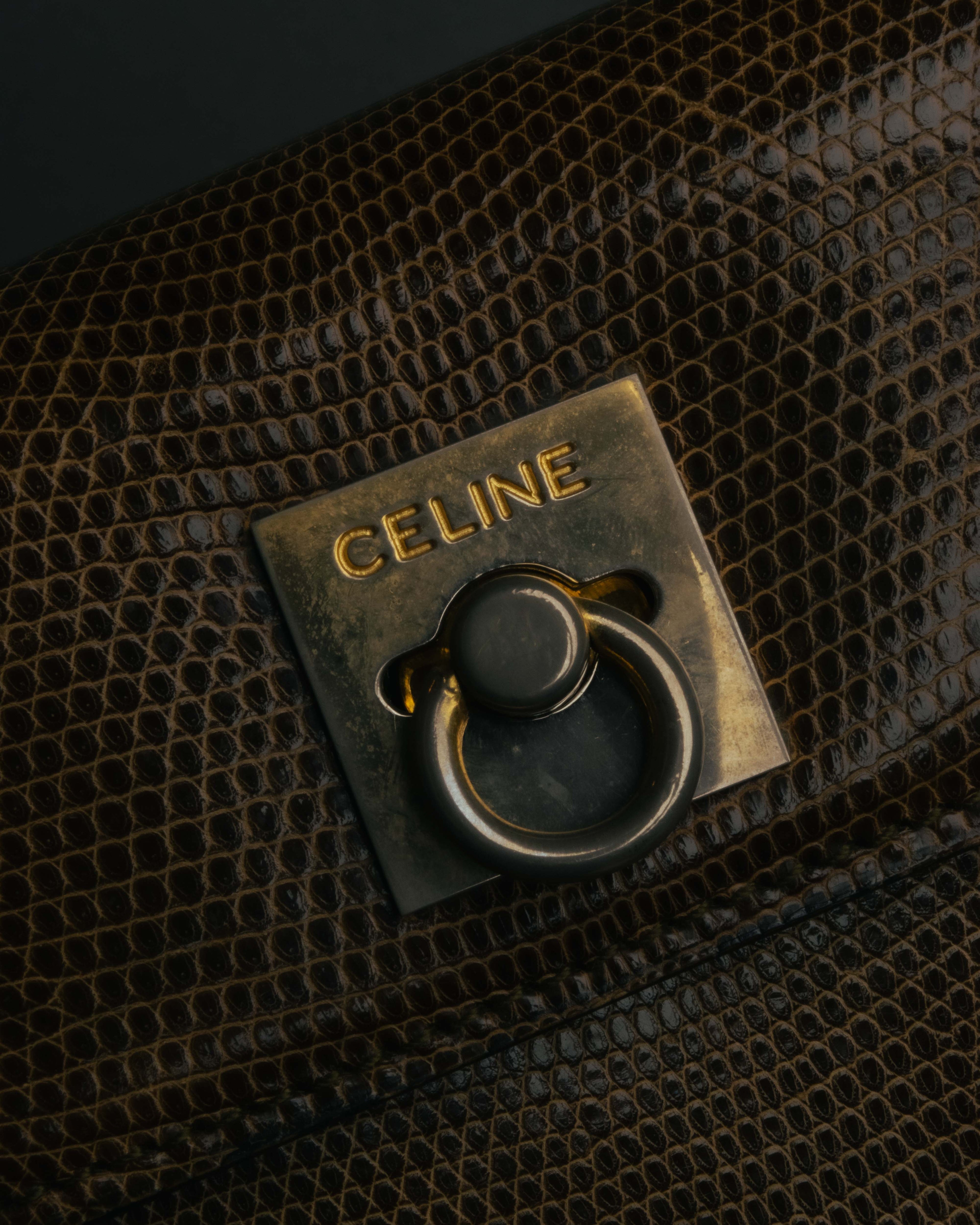"CELINE" 70's-80's Structured lizard embossed leather top handle handbag