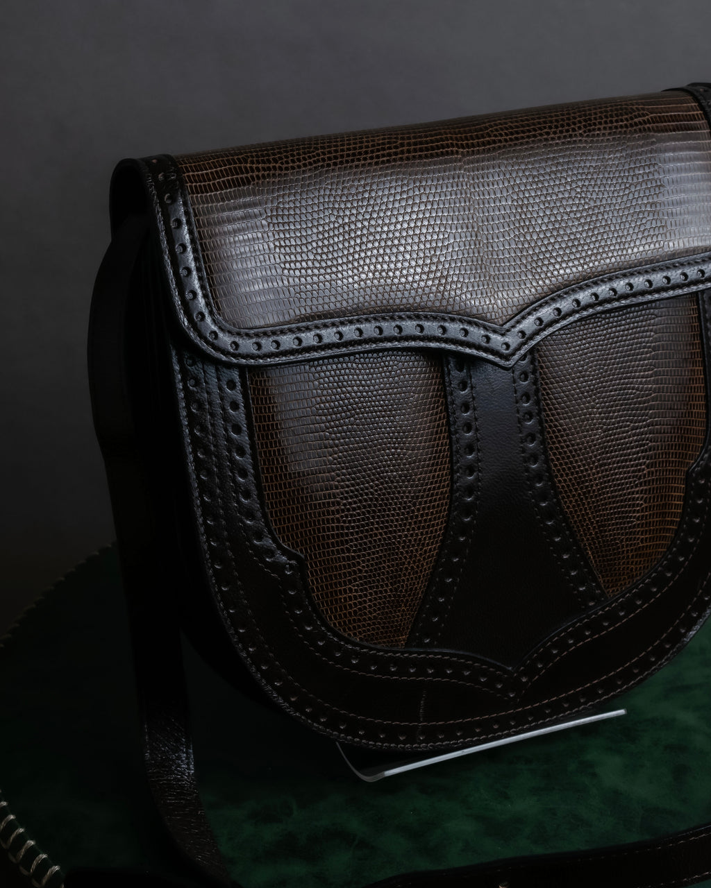 "YVES SAINT LAURENT" Brogue decorative design lizard embossed leather shoulder bag