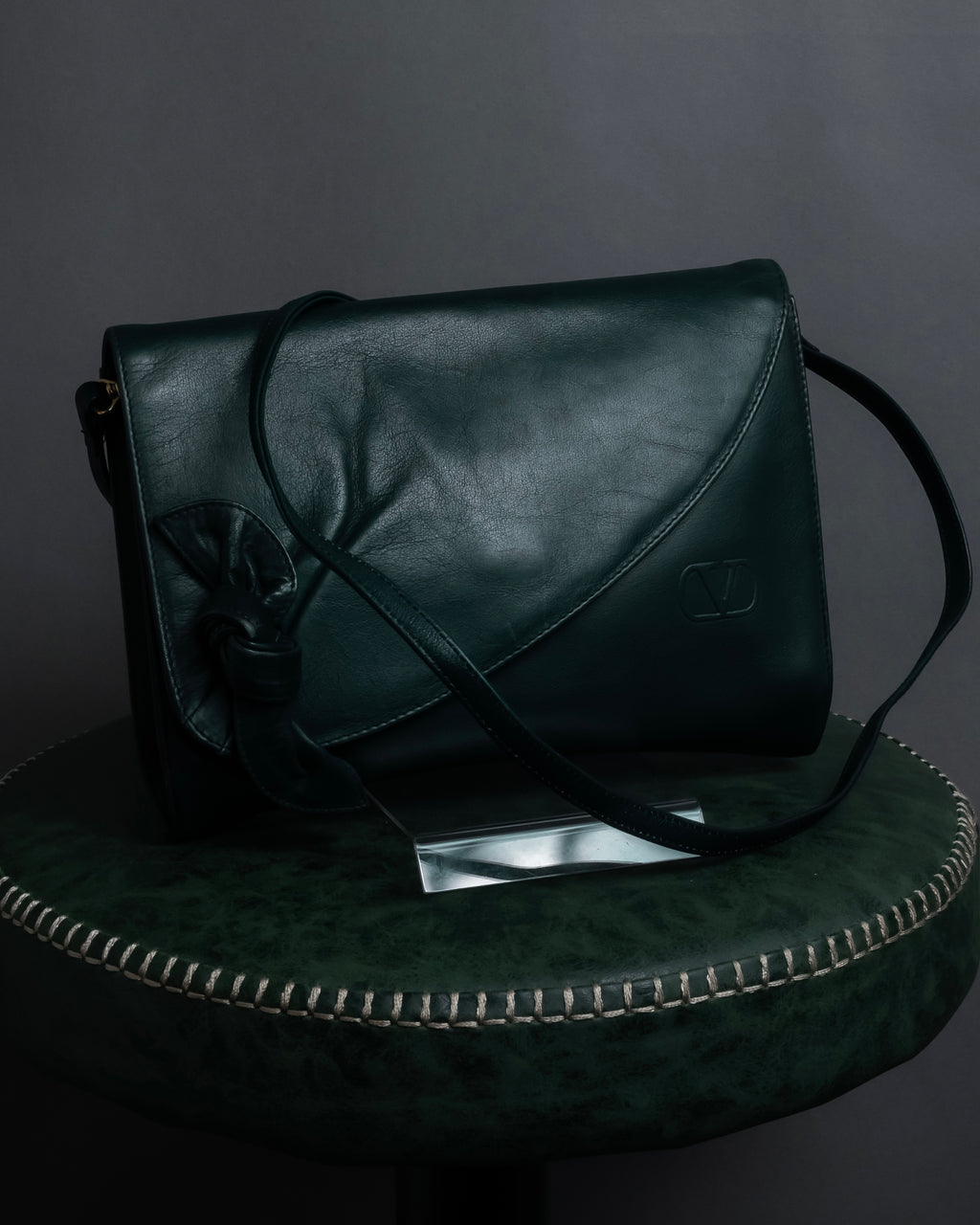 "Valentino Garavani" 80's Knot detail logo engraved dark green leather bag