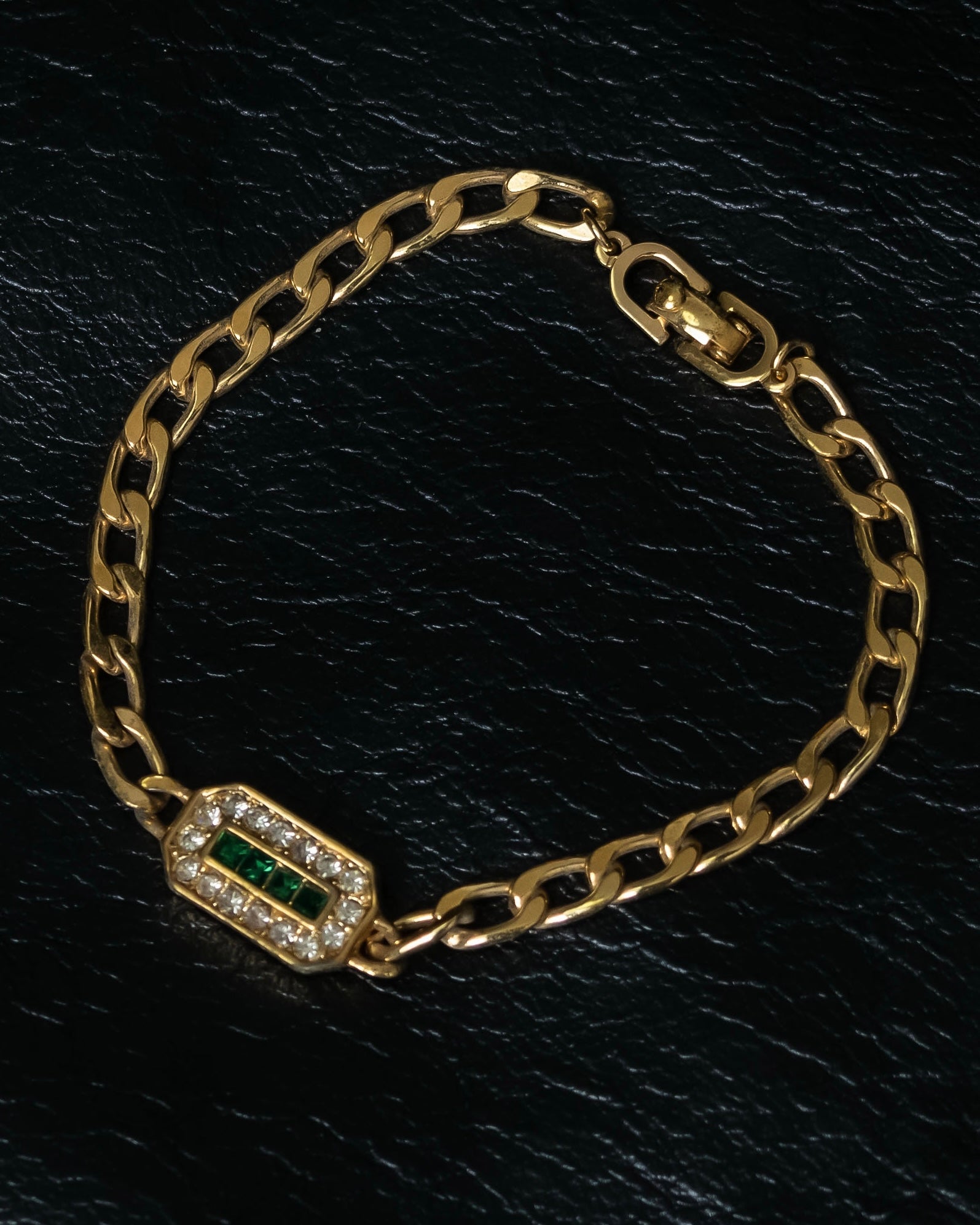 “Christian Dior” green & clear crystal designed gold chain bracelet