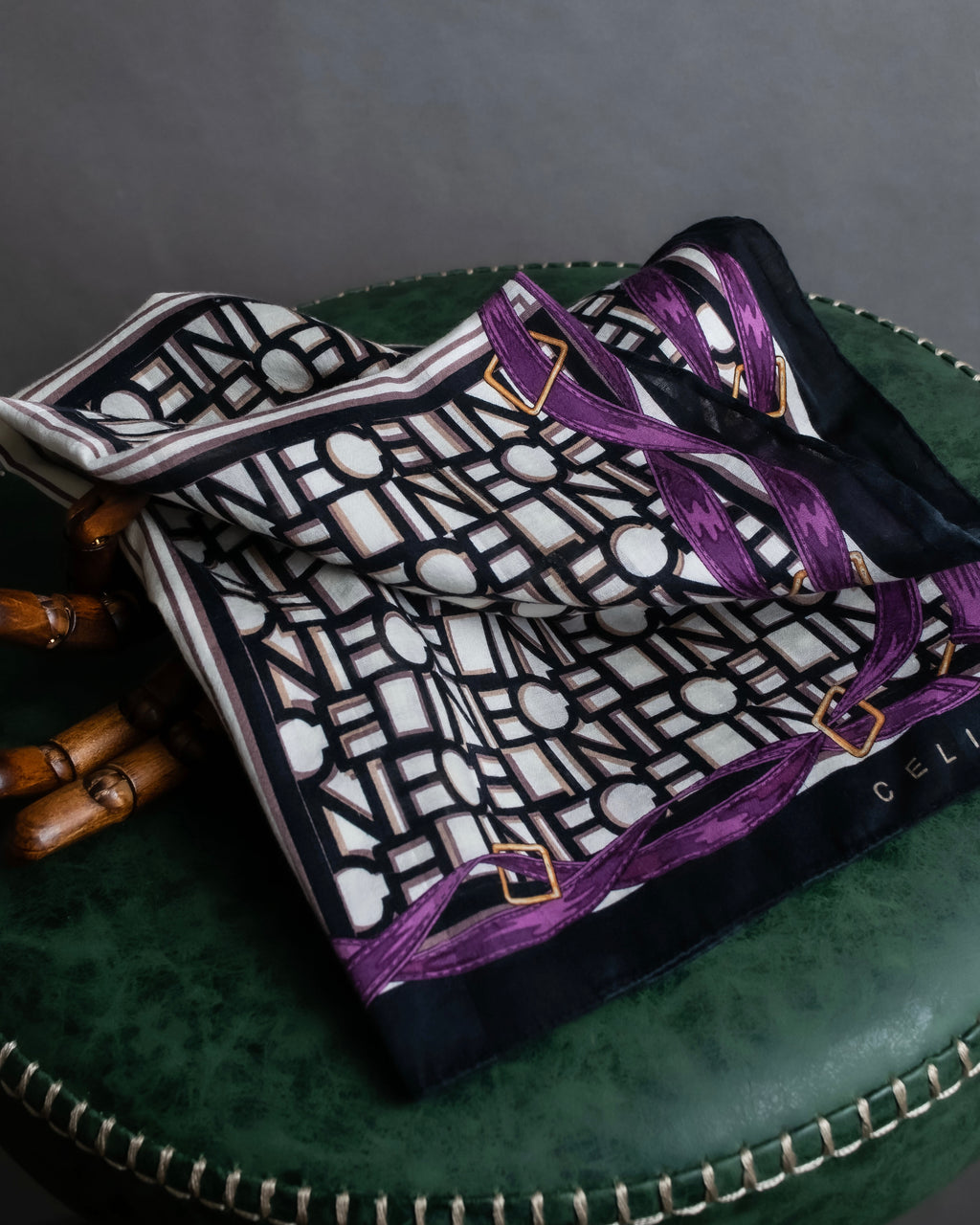 "CELINE" Belt motif pattern purple color silk scarf
