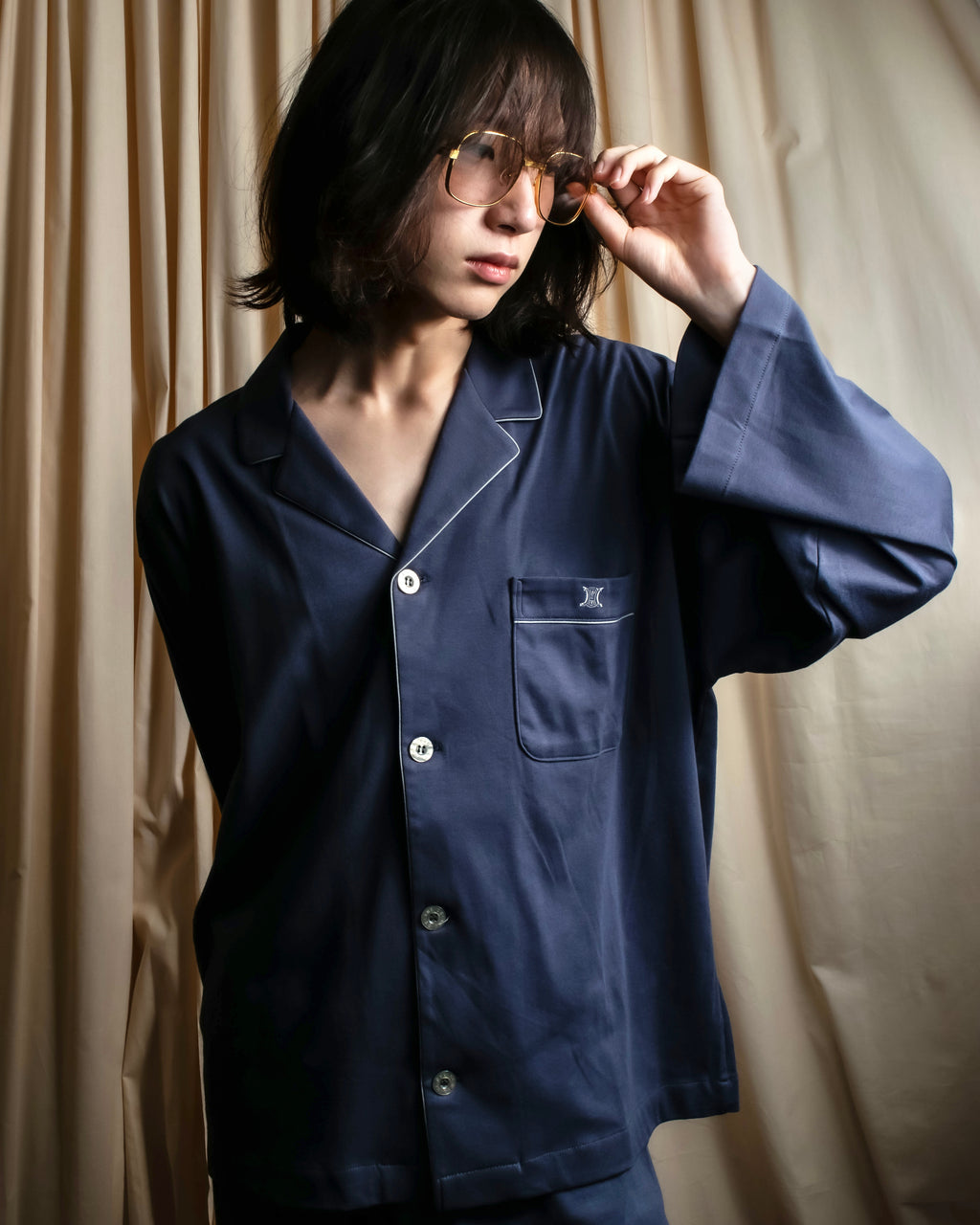 "CELINE" Piping design blue pajama set up
