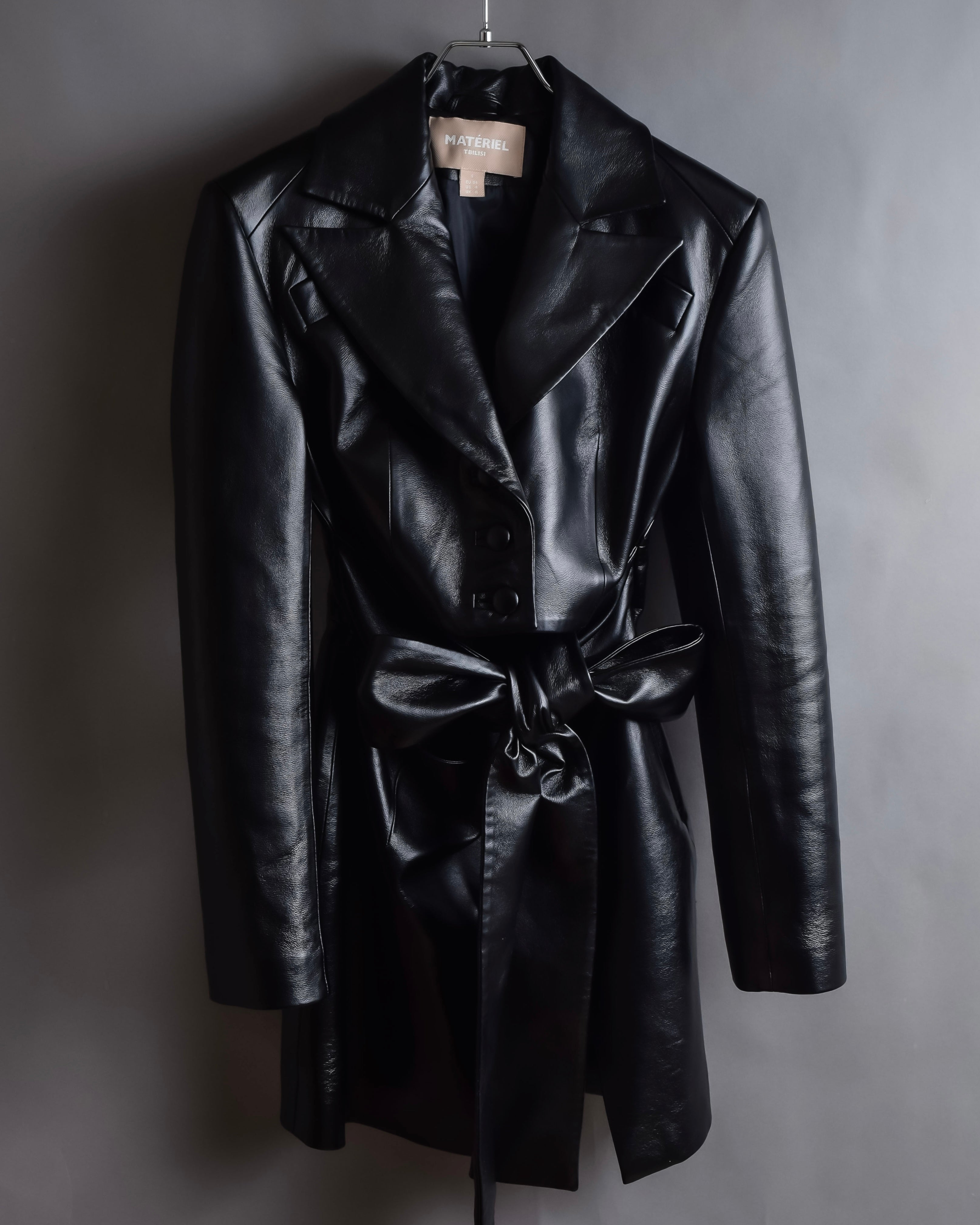 "MATÉRIEL TBILISI" Draped belted synthetic leather long jacket