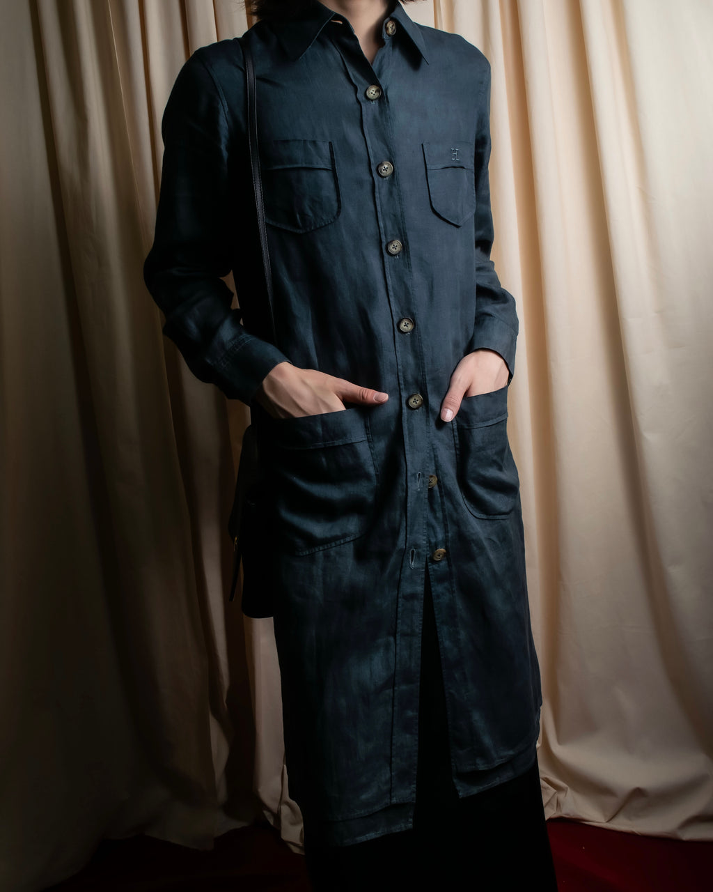 "HERMES" 90's Military detail linen long shirt dress