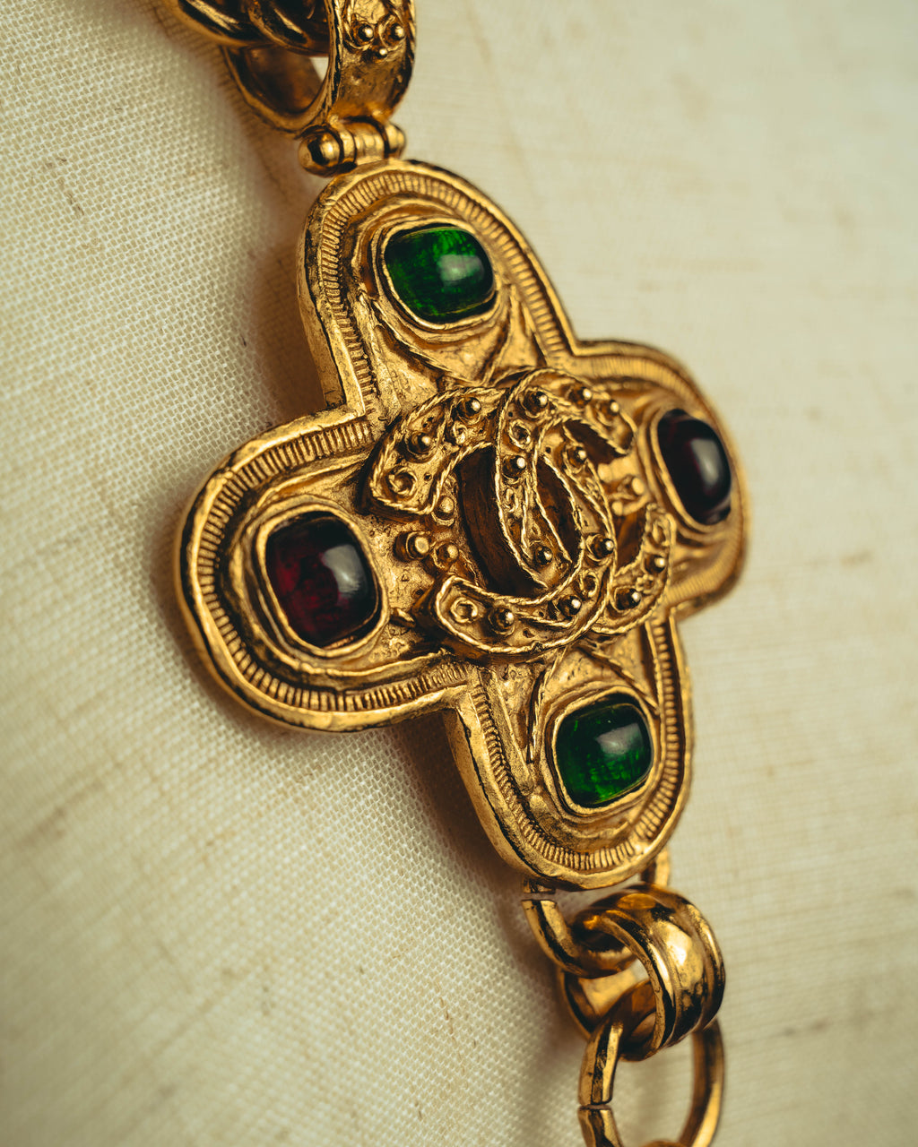 -SPECIAL- “CHANEL” 1994 AW Gripoix glass cross pendant tassel necklace