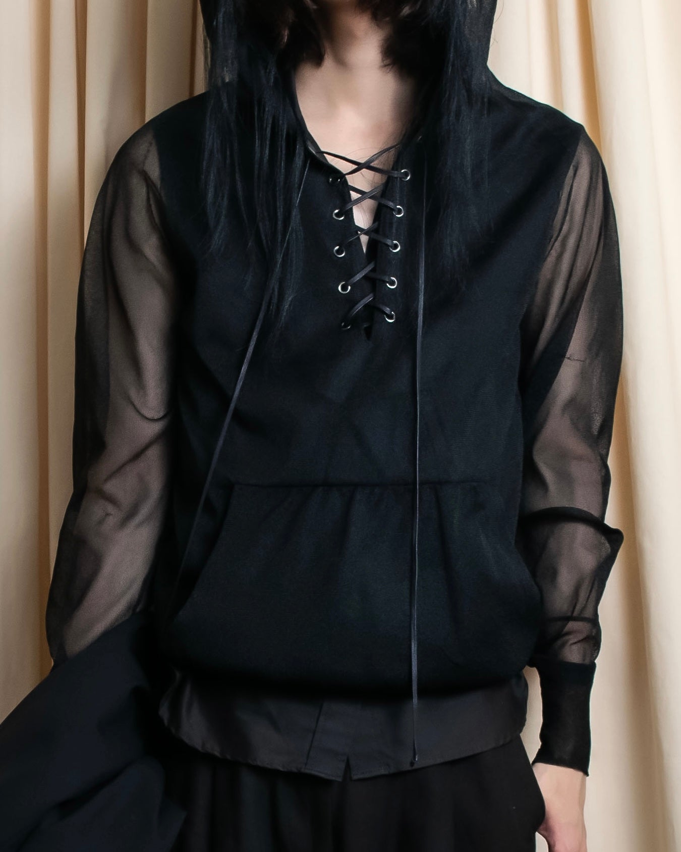 "sacai" Wig design sheer hooded pullover