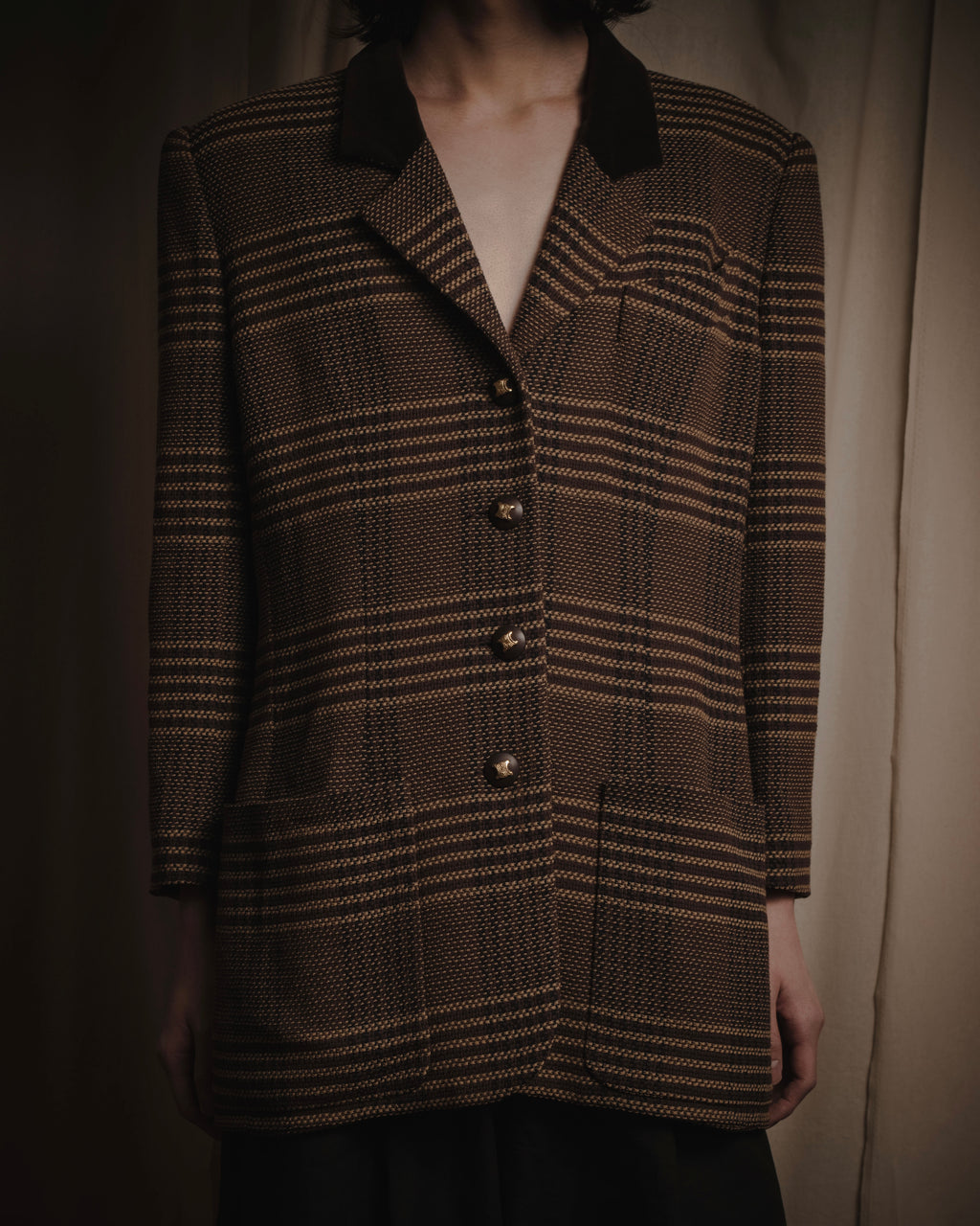 "CELINE" Late 80s–Early 90s velvet-collar woven jacket