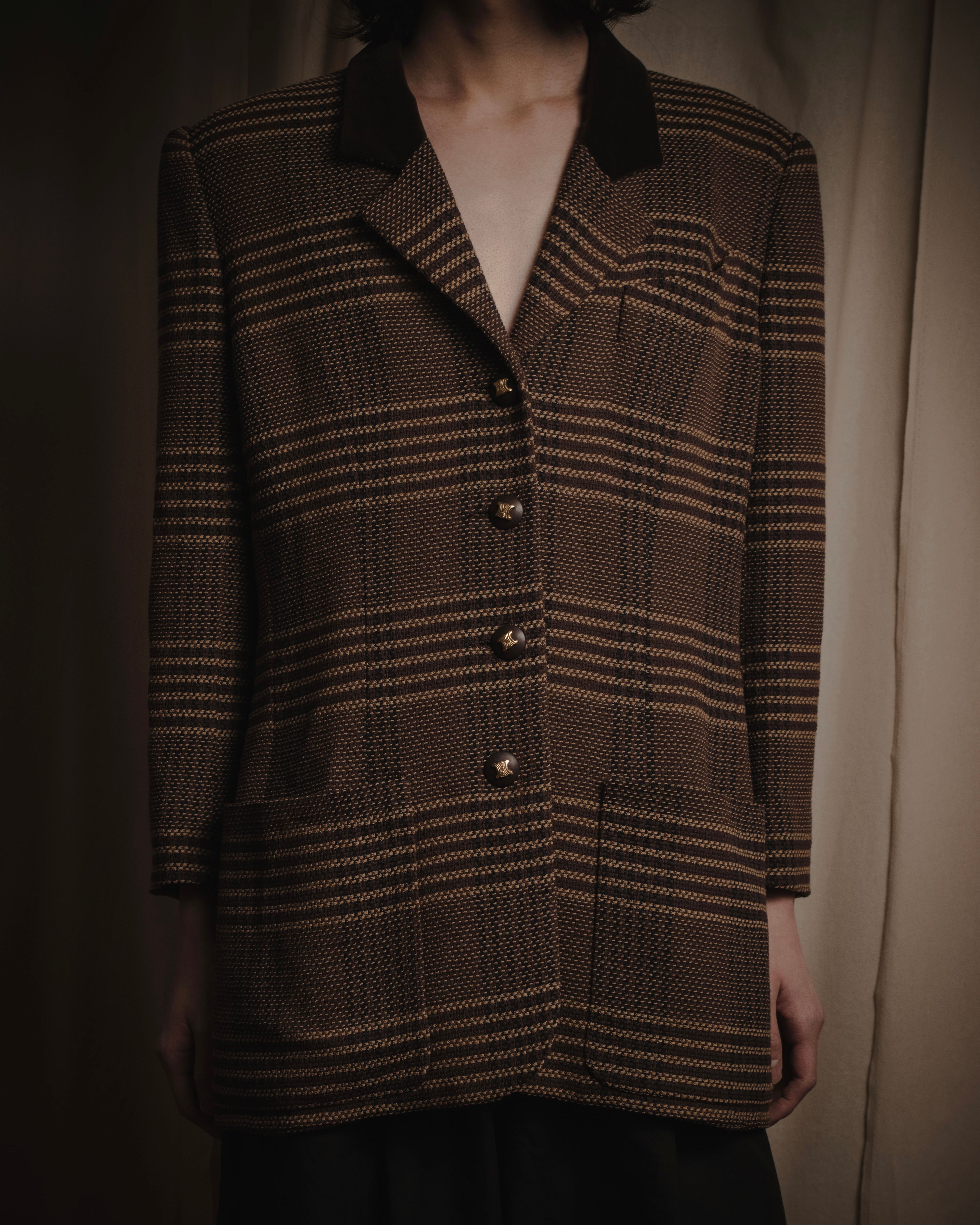 "CELINE" Late 80s–Early 90s velvet-collar woven jacket