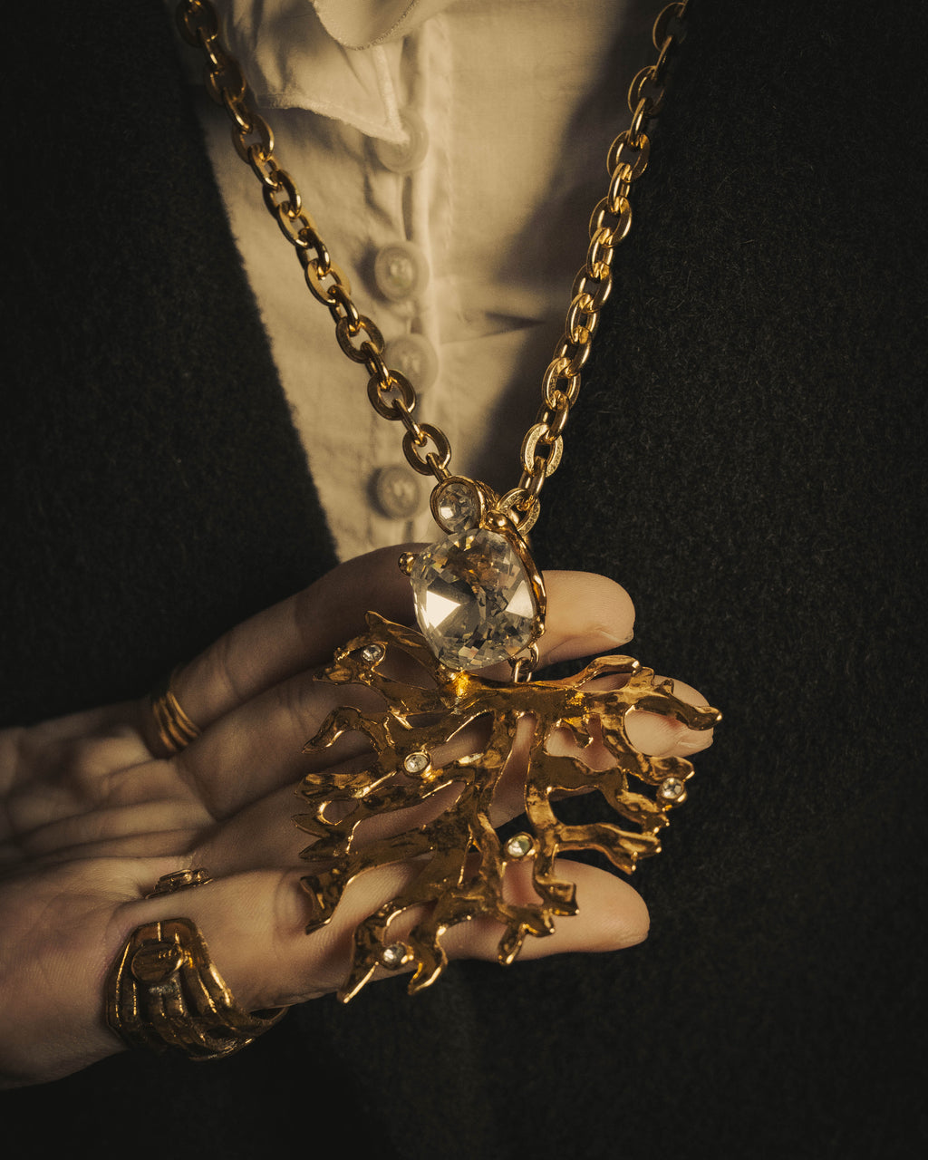 -SPECIAL- "Yves Saint Laurent" 90's-00's Sculptural coral motif crystal pendant necklace