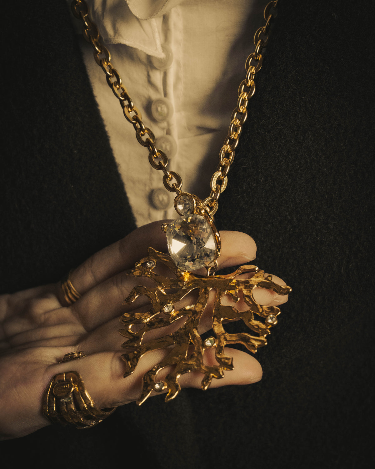 -SPECIAL- "Yves Saint Laurent" 90's-00's Sculptural coral motif crystal pendant necklace